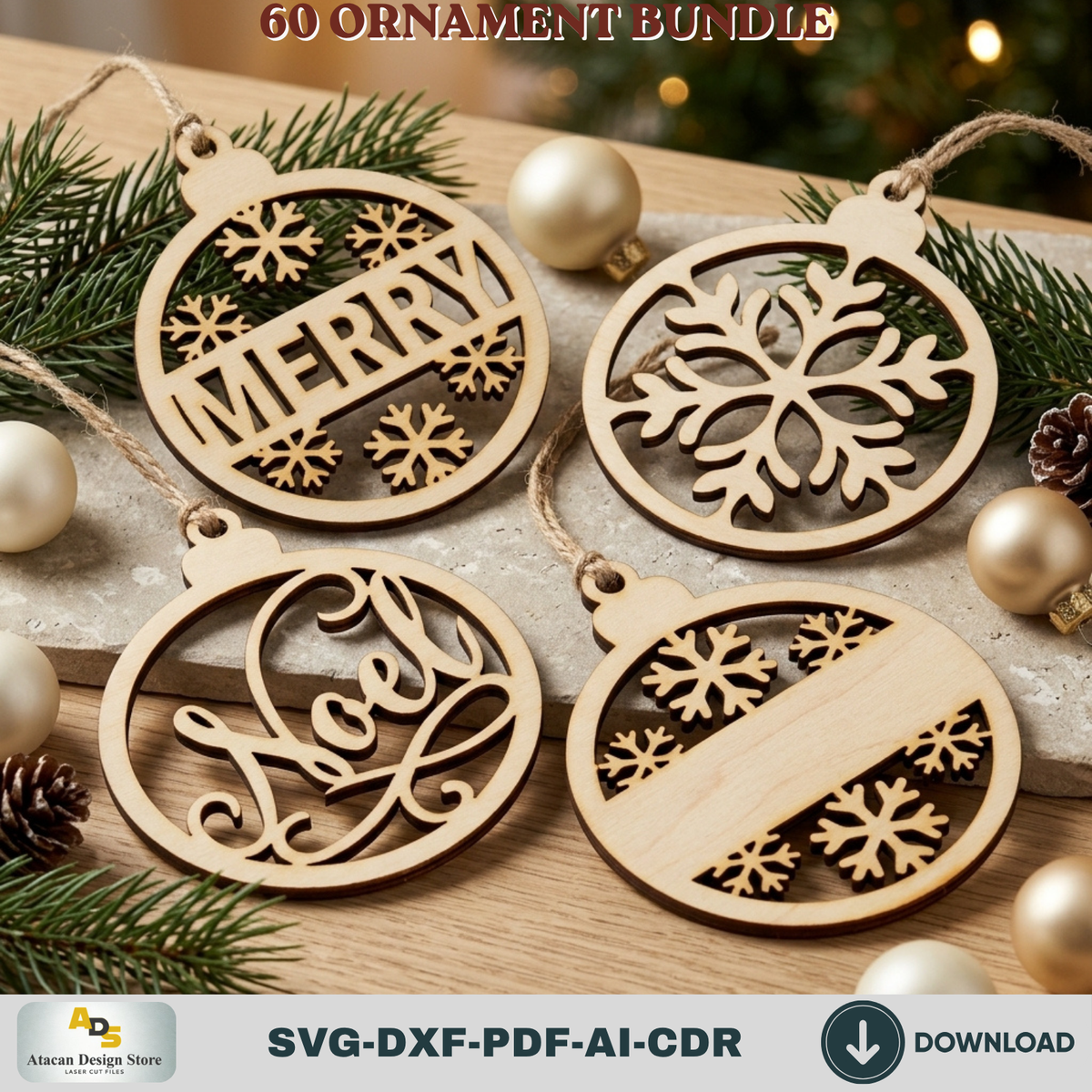 Laser Cut Christmas Ornament Bundle 60 Designs, Wooden Baubles and DIY Tree Decorations