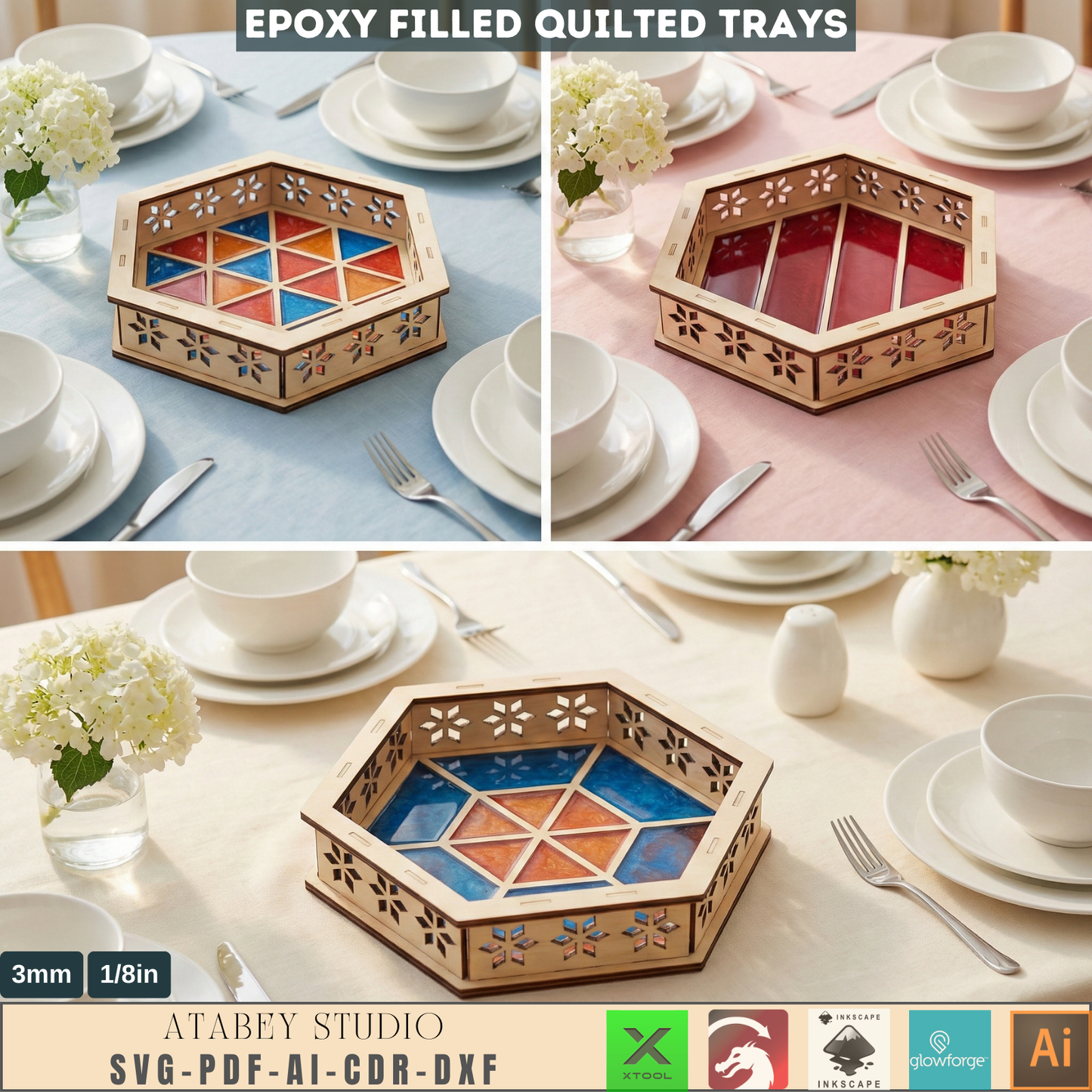 Tray Laser Cutting Templates, Epoxy Resin Filled Quilted Catchall Pattern, Hexagon Serving Dish Woodcraft Plan 991