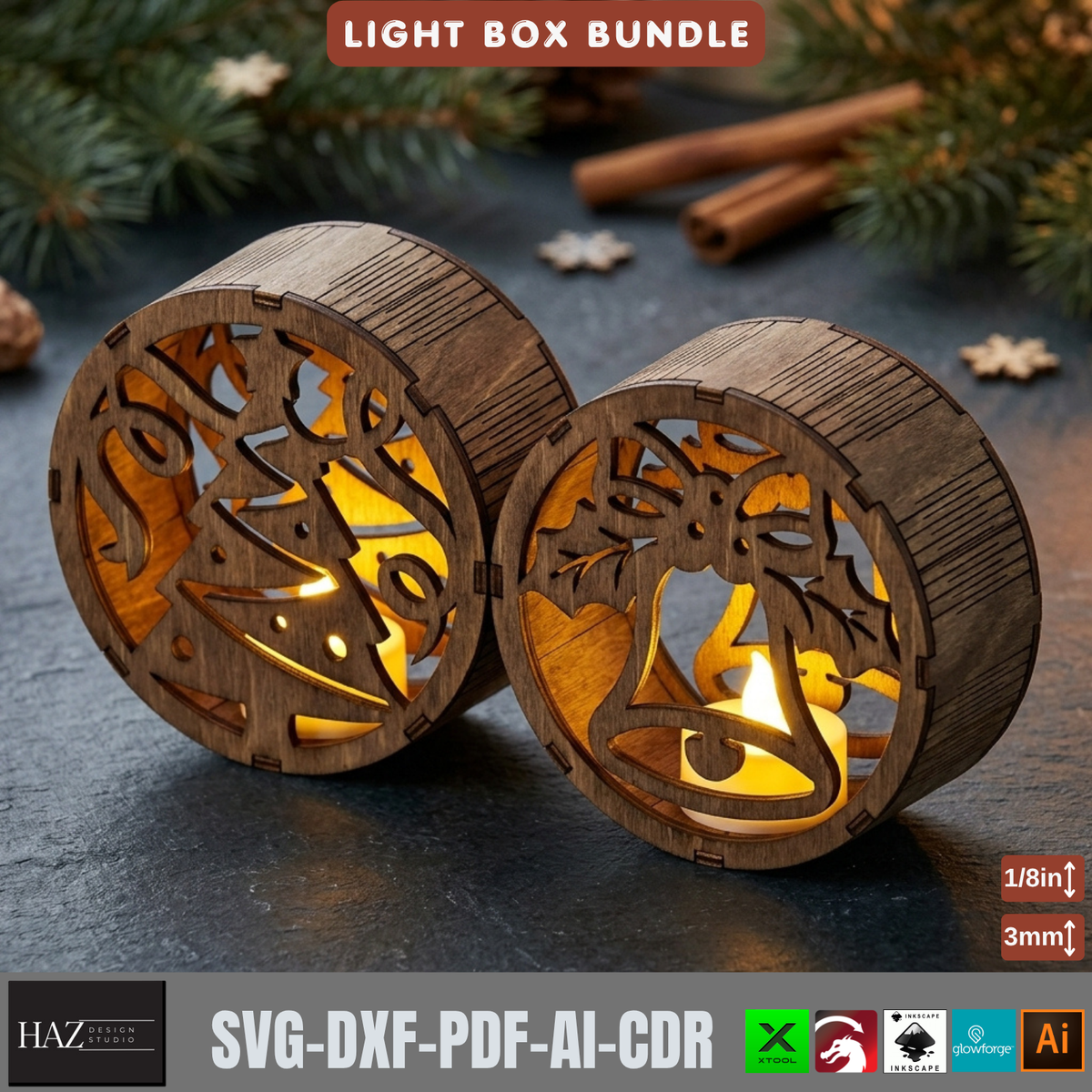Christmas Light Box Bundle Laser Cut Vector, Wooden Tealight Lantern Template, Holiday Table Decor 578