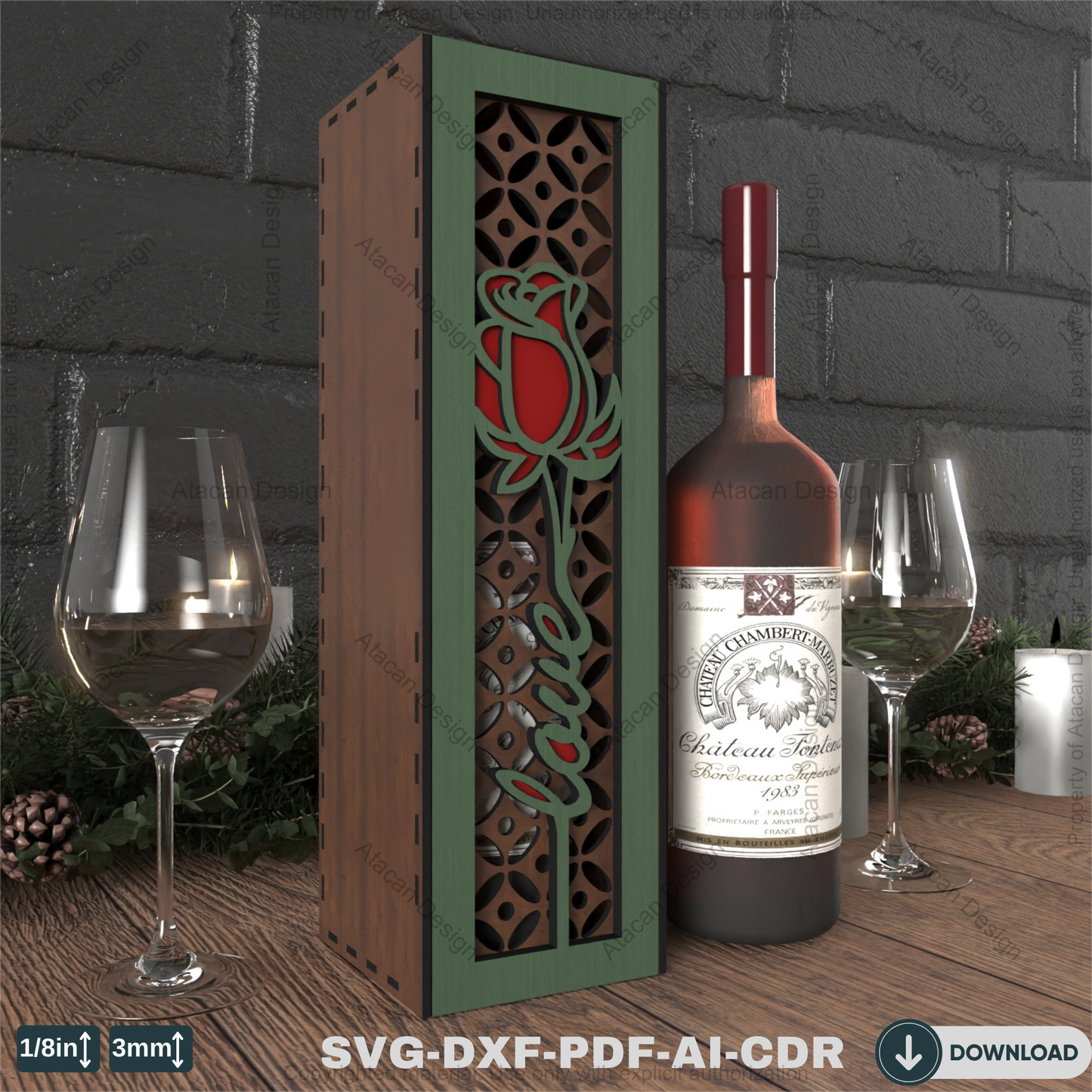 Luxury Wooden Wine Holder - Ideal for Weddings, Anniversaries, and Gift Giving-Elegant Wooden Wine Box with Rose Theme 800