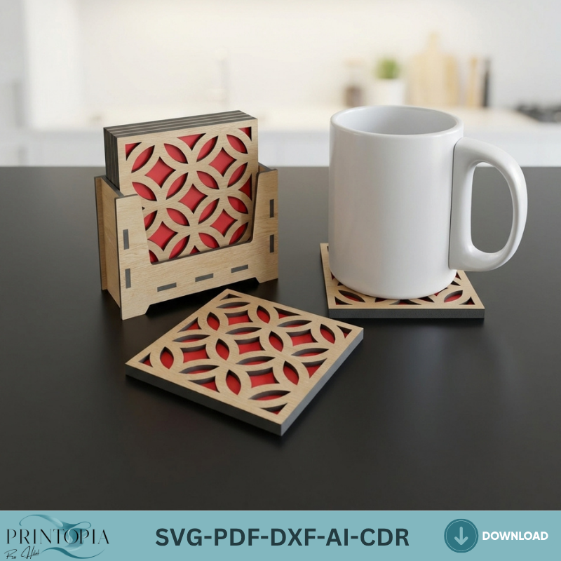 Laser Cut Coaster and Stand / Drink Coasters Holder / Box and Patterns Vector Files SVG DXF Ai CDR 361