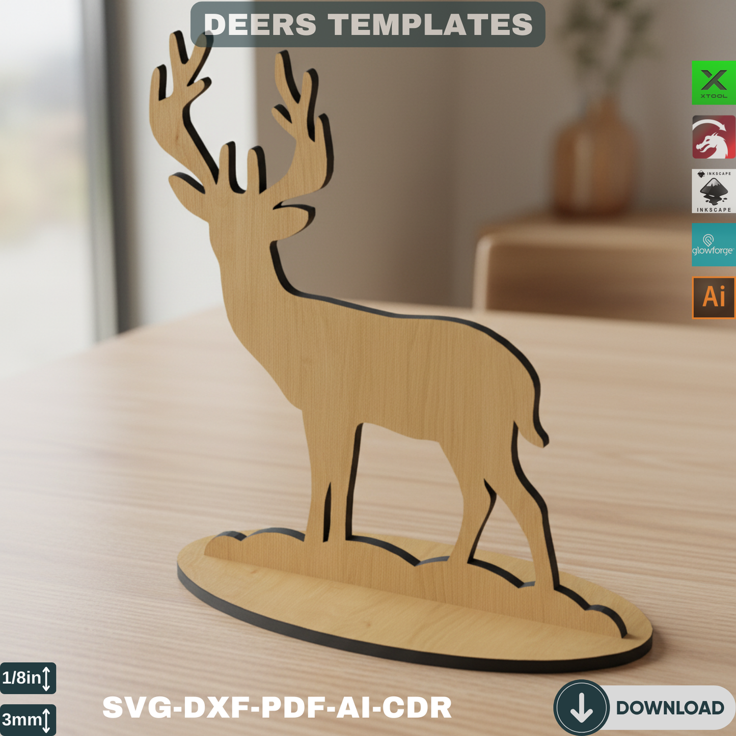 Standing Reindeer Laser Cut Template - Christmas Deer Decor SVG, DXF - DIY Wooden Holiday Craft - 4 Designs