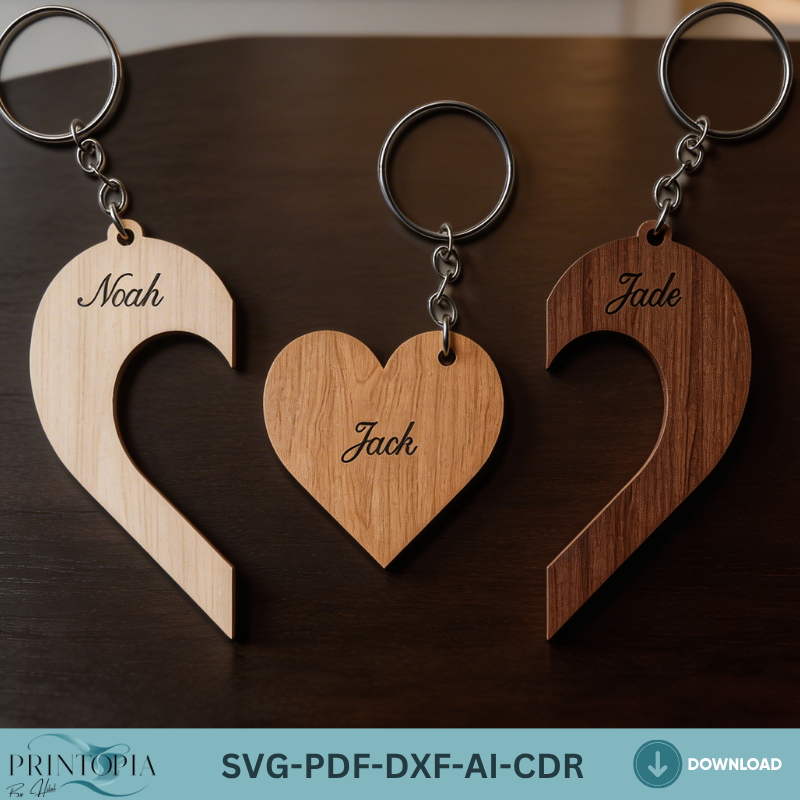 Family Puzzle Heart Keychain Laser Cut File Personalized Wooden Keychain Template Custom Anniversary Gift