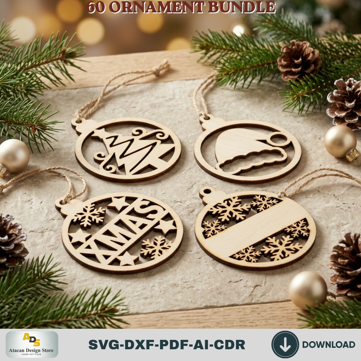 Laser Cut Christmas Ornament Bundle 60 Designs, Wooden Baubles and DIY Tree Decorations