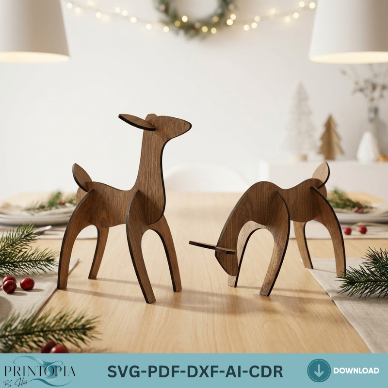3D Laser Cut Reindeer for Christmas Decor, Wooden Deer Puzzle Files, Holiday Tabletop Centerpiece