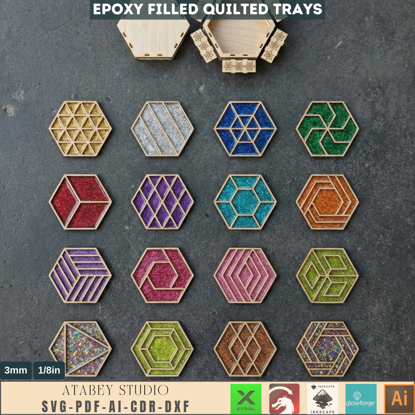 Tray Laser Cutting Templates, Epoxy Resin Filled Quilted Catchall Pattern, Hexagon Serving Dish Woodcraft Plan 991