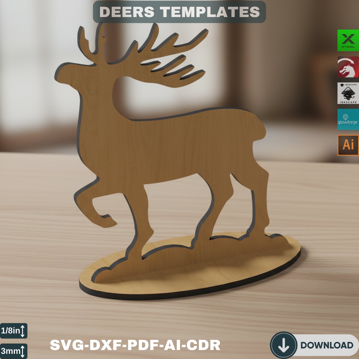 Standing Reindeer Laser Cut Template - Christmas Deer Decor SVG, DXF - DIY Wooden Holiday Craft - 4 Designs
