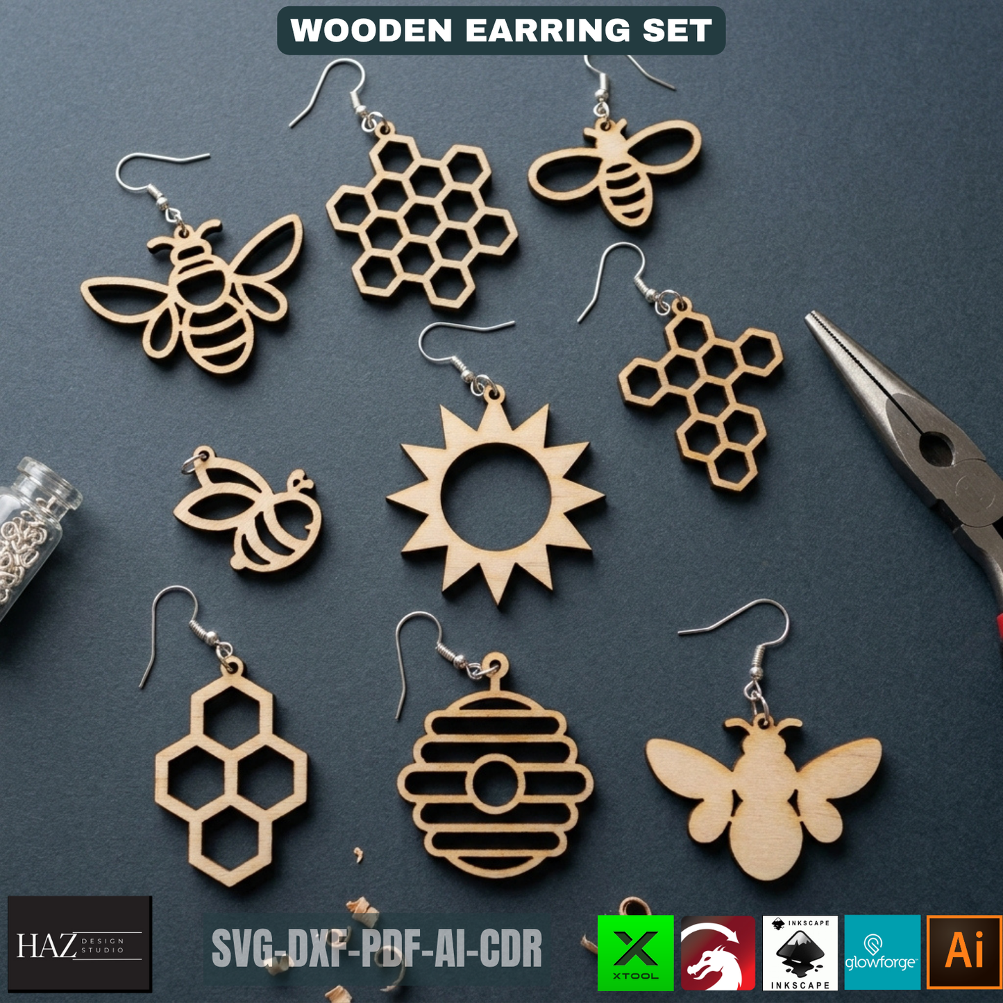 Bee Earring SVG Honeycomb Jewelry Templates Wood Earring Patterns Sun Beehive Earrings