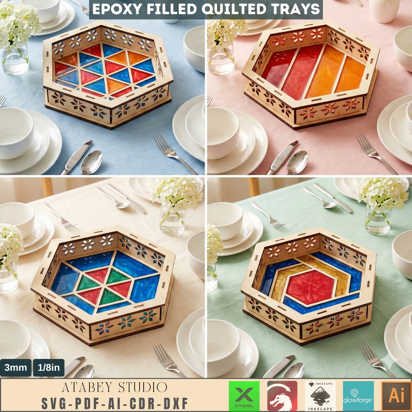 Tray Laser Cutting Templates, Epoxy Resin Filled Quilted Catchall Pattern, Hexagon Serving Dish Woodcraft Plan 991