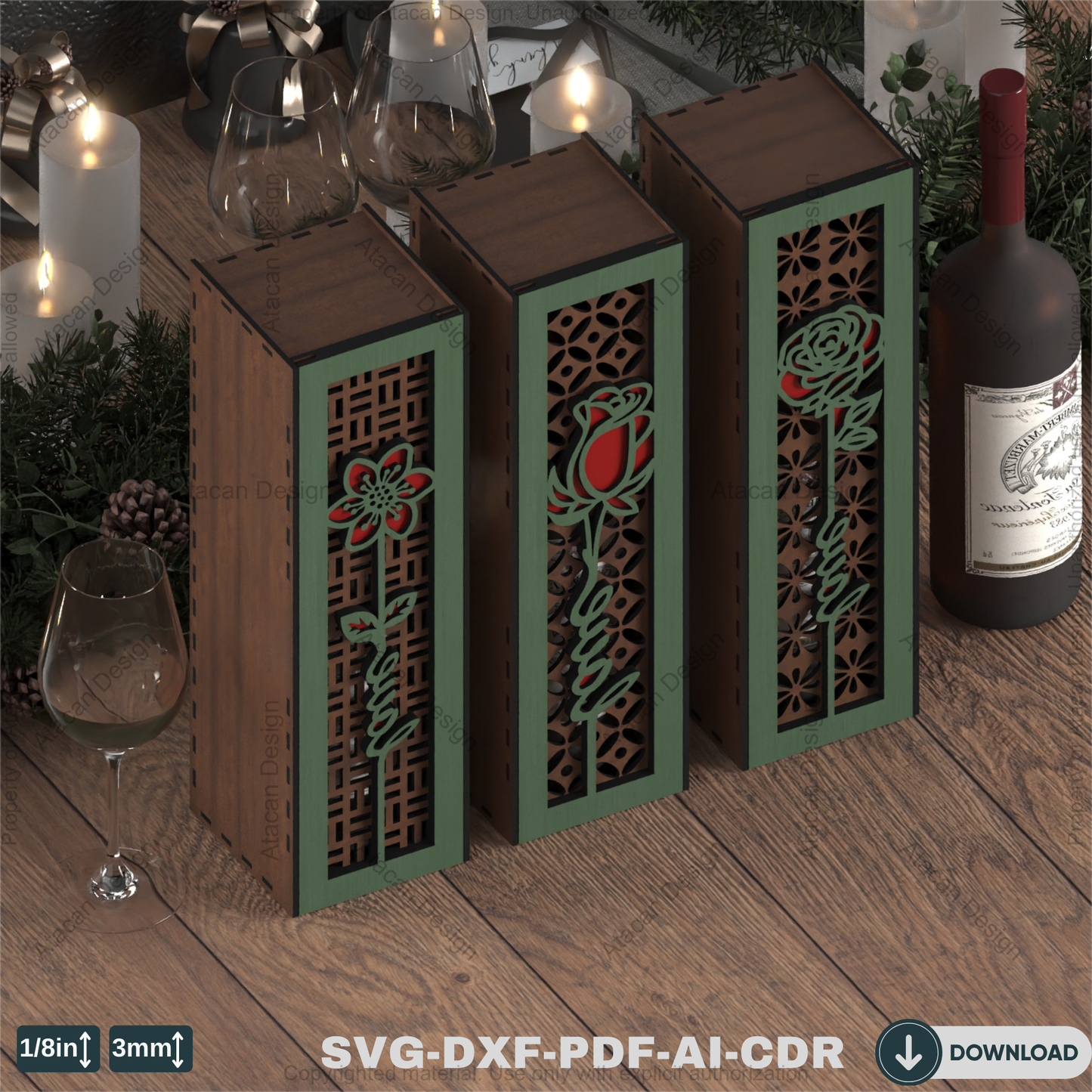 Luxury Wooden Wine Holder - Ideal for Weddings, Anniversaries, and Gift Giving-Elegant Wooden Wine Box with Rose Theme 800