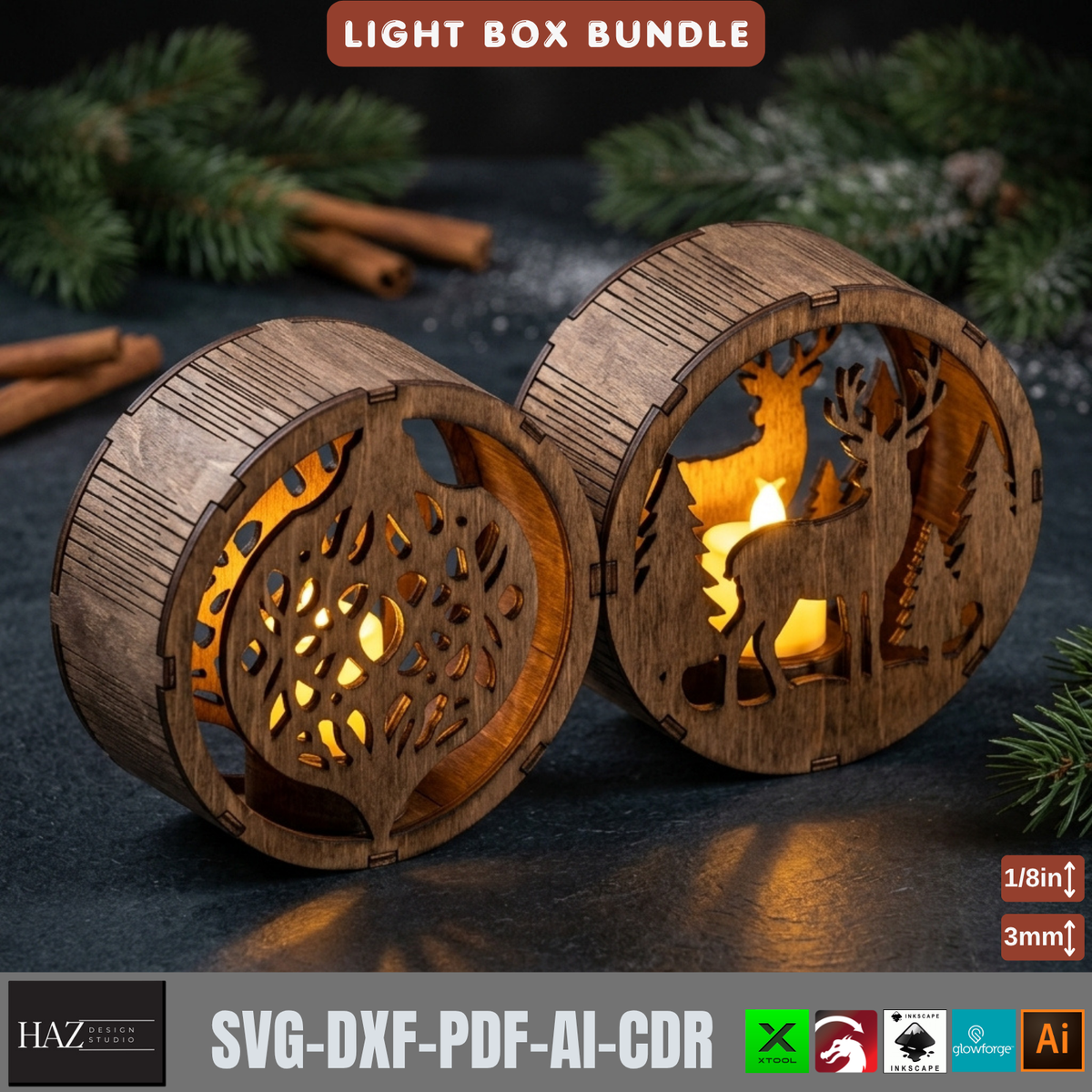 Christmas Light Box Bundle Laser Cut Vector, Wooden Tealight Lantern Template, Holiday Table Decor 578