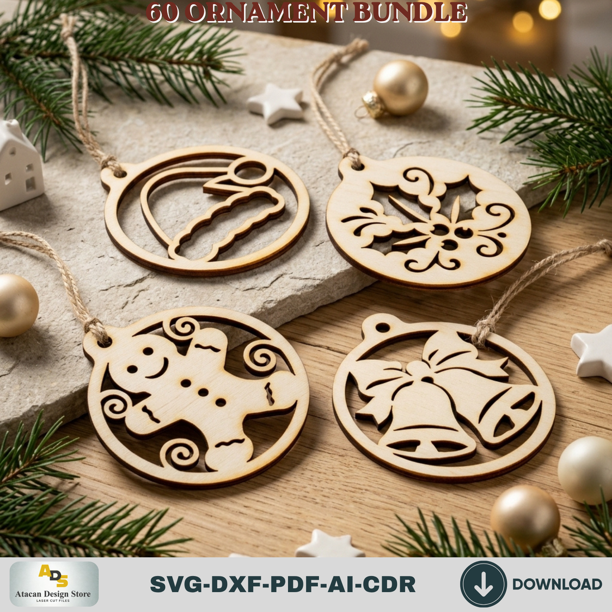 Laser Cut Christmas Ornament Bundle 60 Designs, Wooden Baubles and DIY Tree Decorations