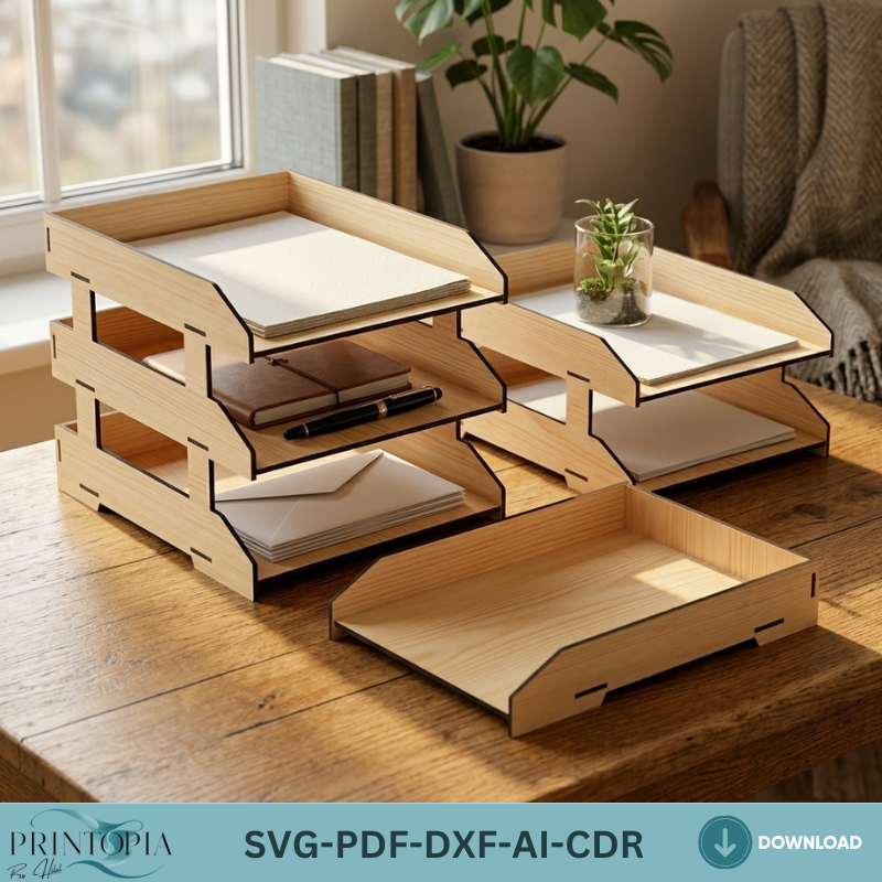 A4 Paper Tiered Tray - Office Desktop Organizer - 3 Tier Trays SVG Files for Laser Cutting ADS365
