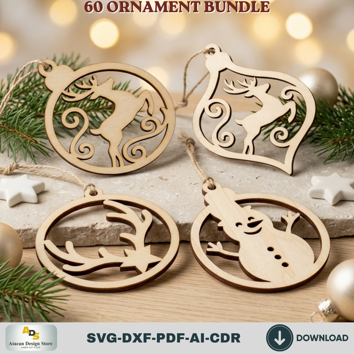 Laser Cut Christmas Ornament Bundle 60 Designs, Wooden Baubles and DIY Tree Decorations