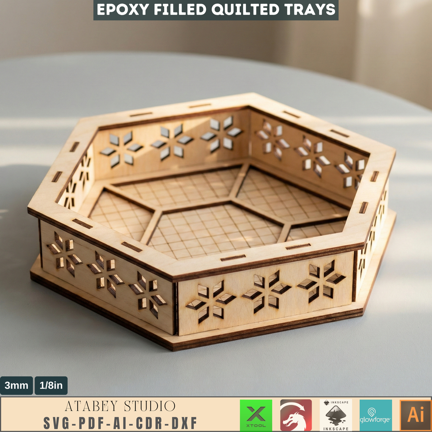 Tray Laser Cutting Templates, Epoxy Resin Filled Quilted Catchall Pattern, Hexagon Serving Dish Woodcraft Plan 991