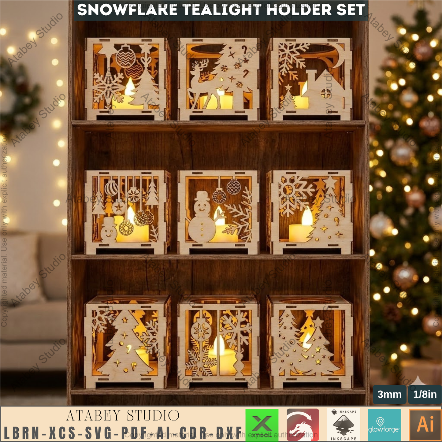 Christmas Tealight Box Set SVG, Laser Cut Christmas Candle Lantern Templates, Layered Tabletop Candle Holders 980