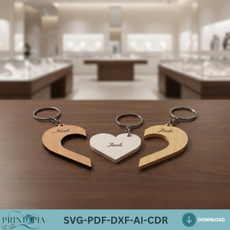 Family Puzzle Heart Keychain Laser Cut File Personalized Wooden Keychain Template Custom Anniversary Gift