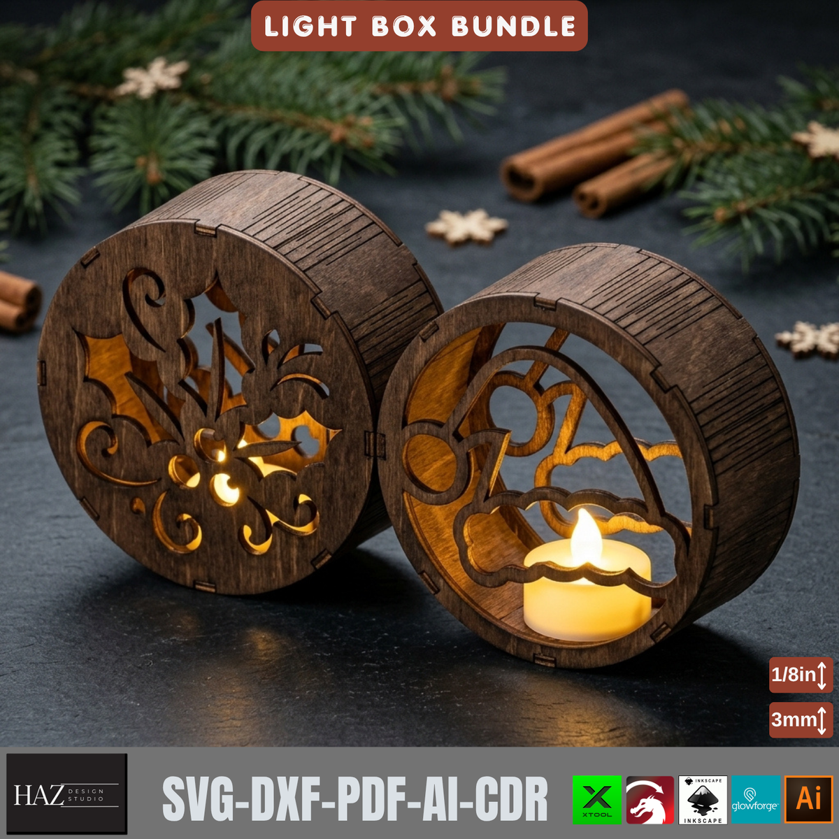 Christmas Light Box Bundle Laser Cut Vector, Wooden Tealight Lantern Template, Holiday Table Decor 578