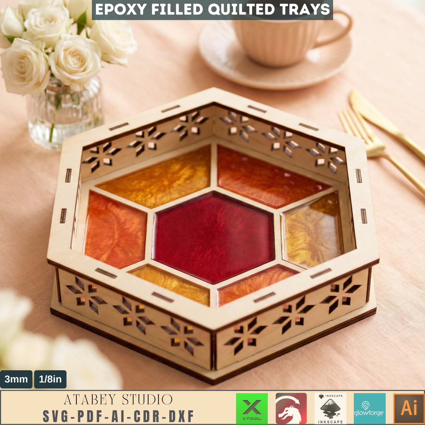 Tray Laser Cutting Templates, Epoxy Resin Filled Quilted Catchall Pattern, Hexagon Serving Dish Woodcraft Plan 991