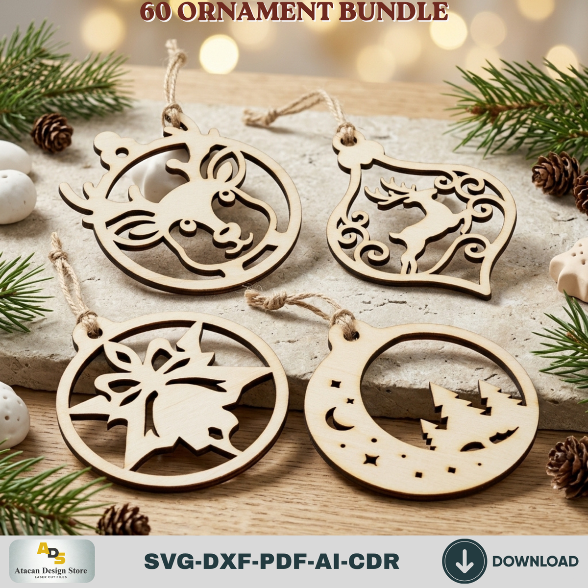Laser Cut Christmas Ornament Bundle 60 Designs, Wooden Baubles and DIY Tree Decorations