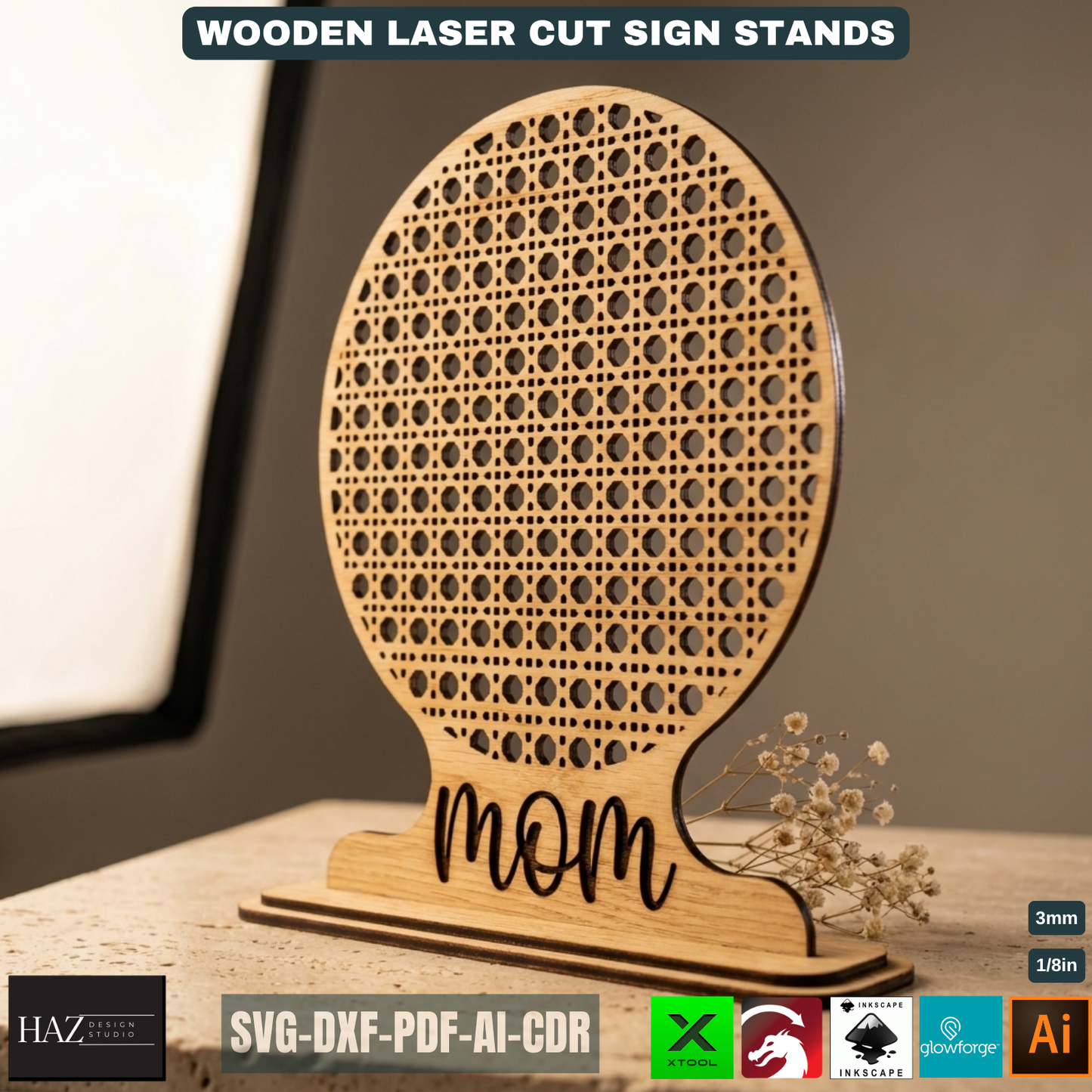 Rattan Pattern Wooden Sign Stands Laser Cut Files Custom Tabletop Decor Mothers Day Gift