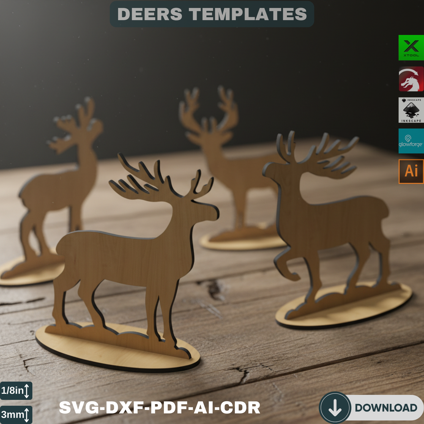 Standing Reindeer Laser Cut Template - Christmas Deer Decor SVG, DXF - DIY Wooden Holiday Craft - 4 Designs