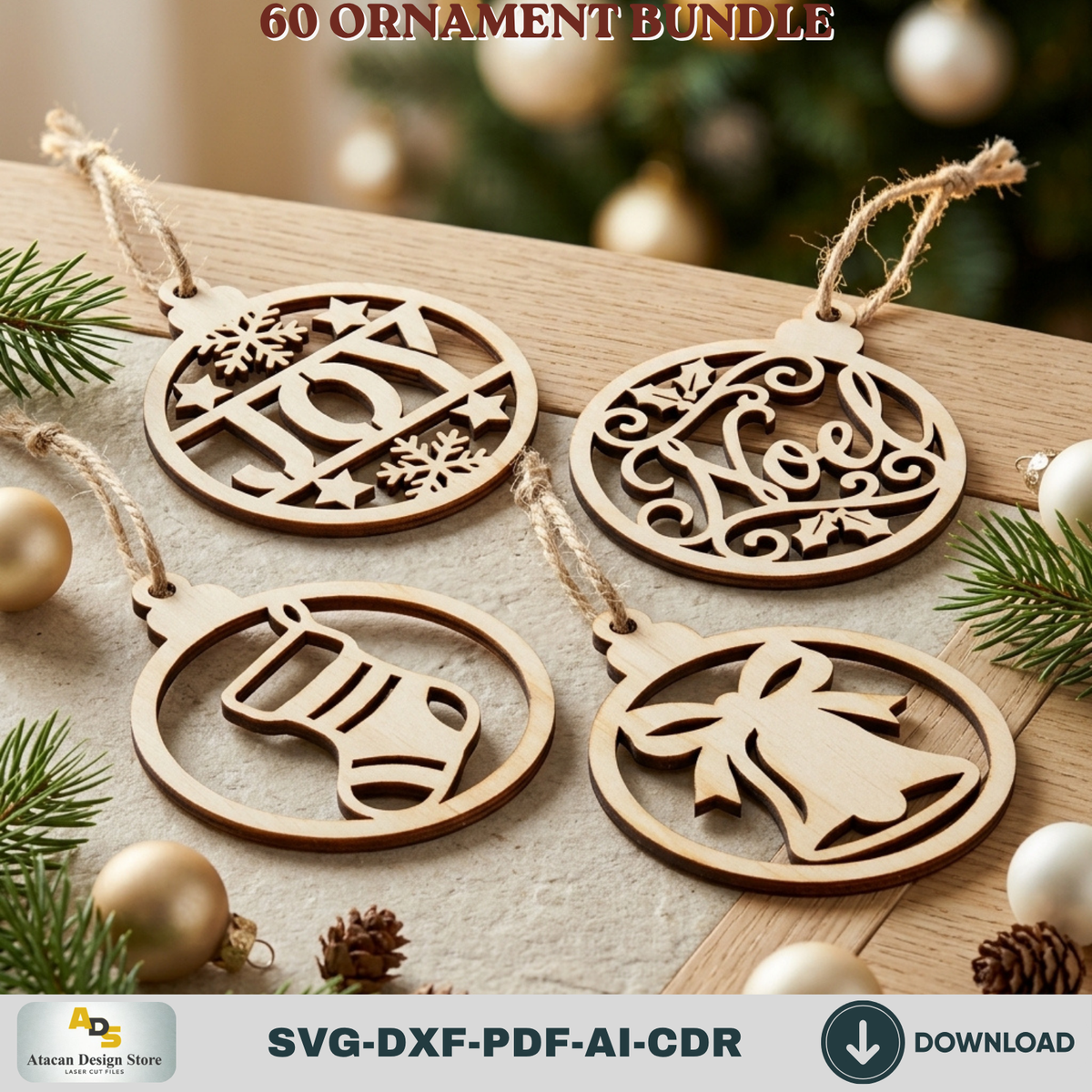 Laser Cut Christmas Ornament Bundle 60 Designs, Wooden Baubles and DIY Tree Decorations