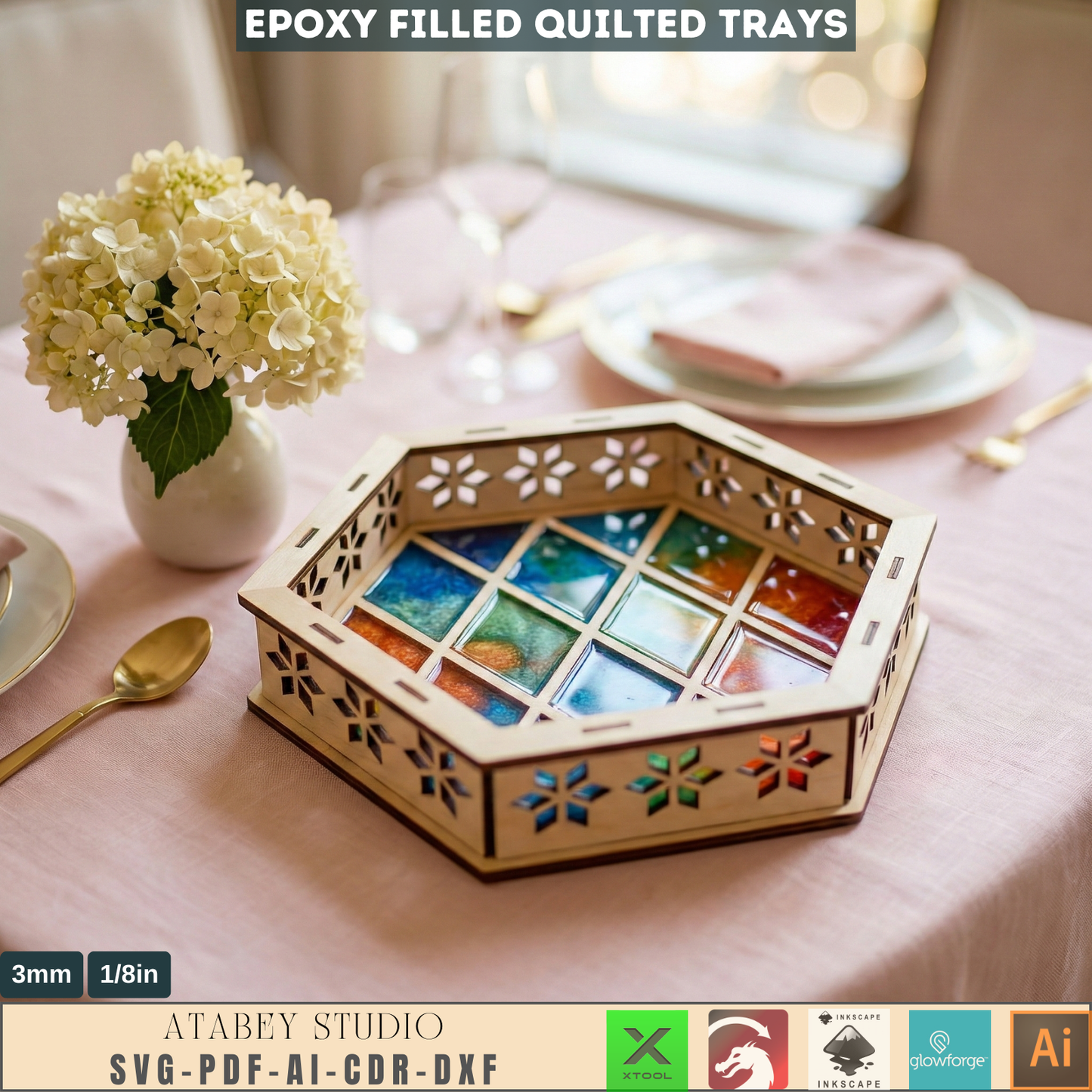 Tray Laser Cutting Templates, Epoxy Resin Filled Quilted Catchall Pattern, Hexagon Serving Dish Woodcraft Plan 991
