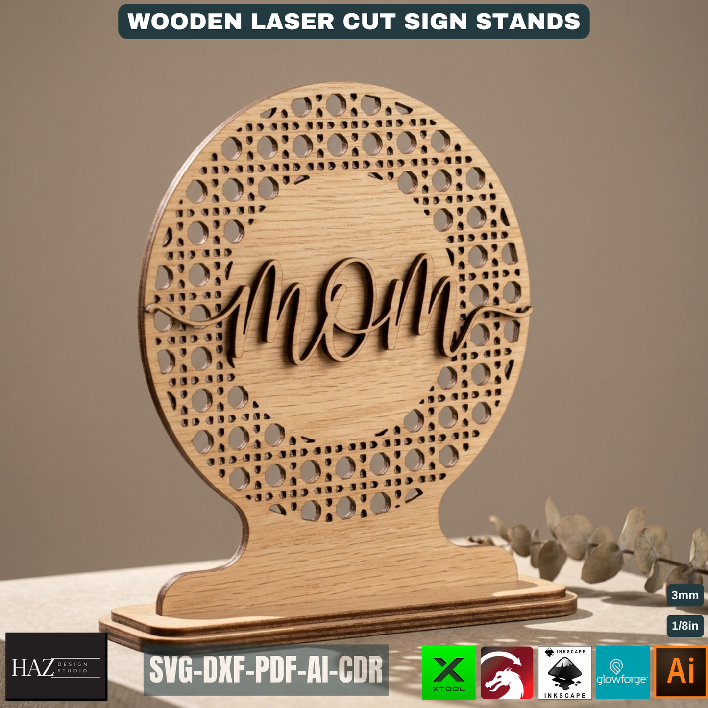 Rattan Pattern Wooden Sign Stands Laser Cut Files Custom Tabletop Decor Mothers Day Gift