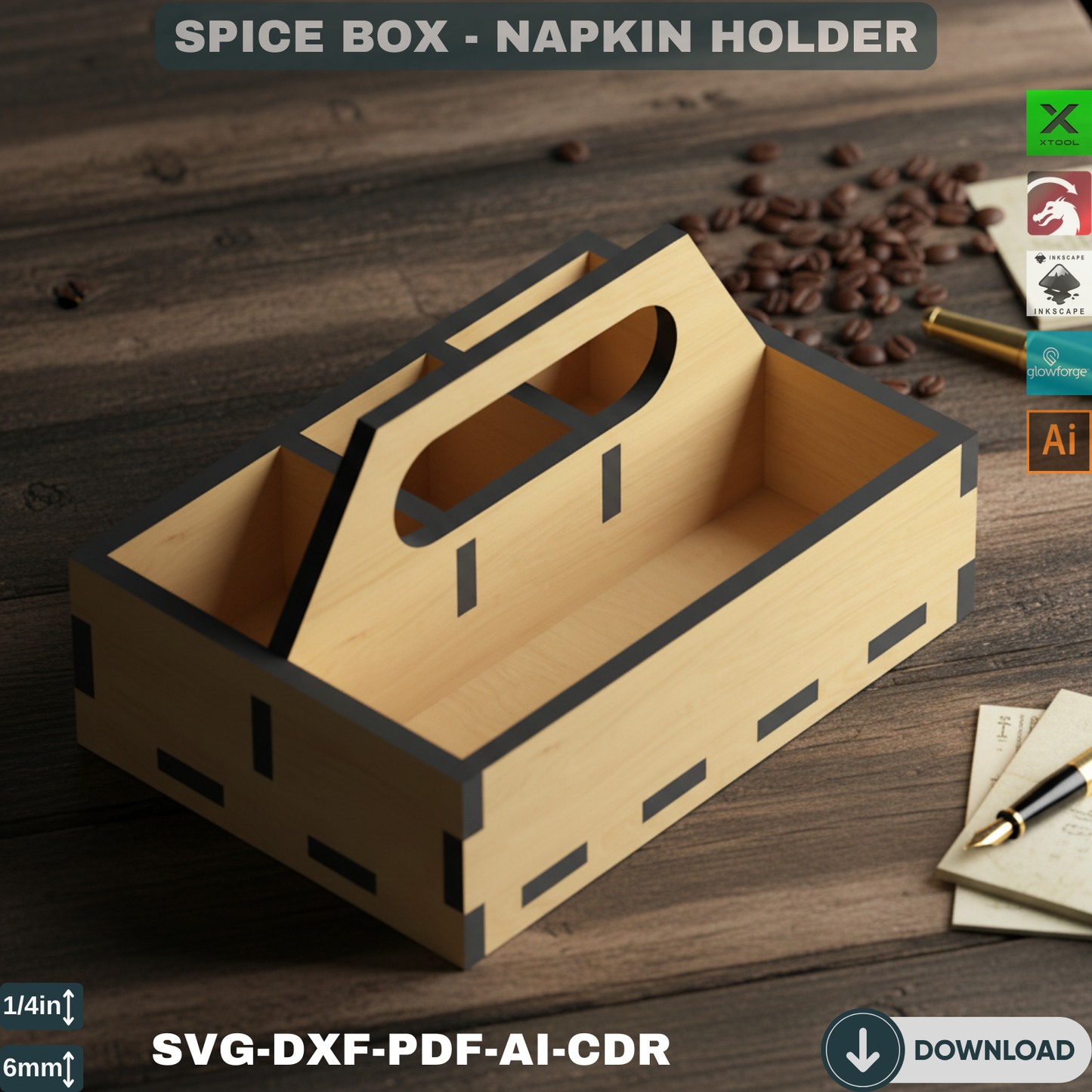 Laser Cut Spice Rack & Napkin Holder SVG, DXF  Kitchen Organizer, Tabletop Caddy for Xtool Glowforge Laser Machines