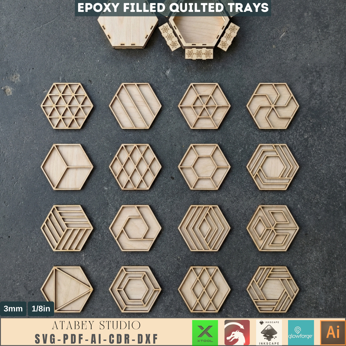 Tray Laser Cutting Templates, Epoxy Resin Filled Quilted Catchall Pattern, Hexagon Serving Dish Woodcraft Plan 991