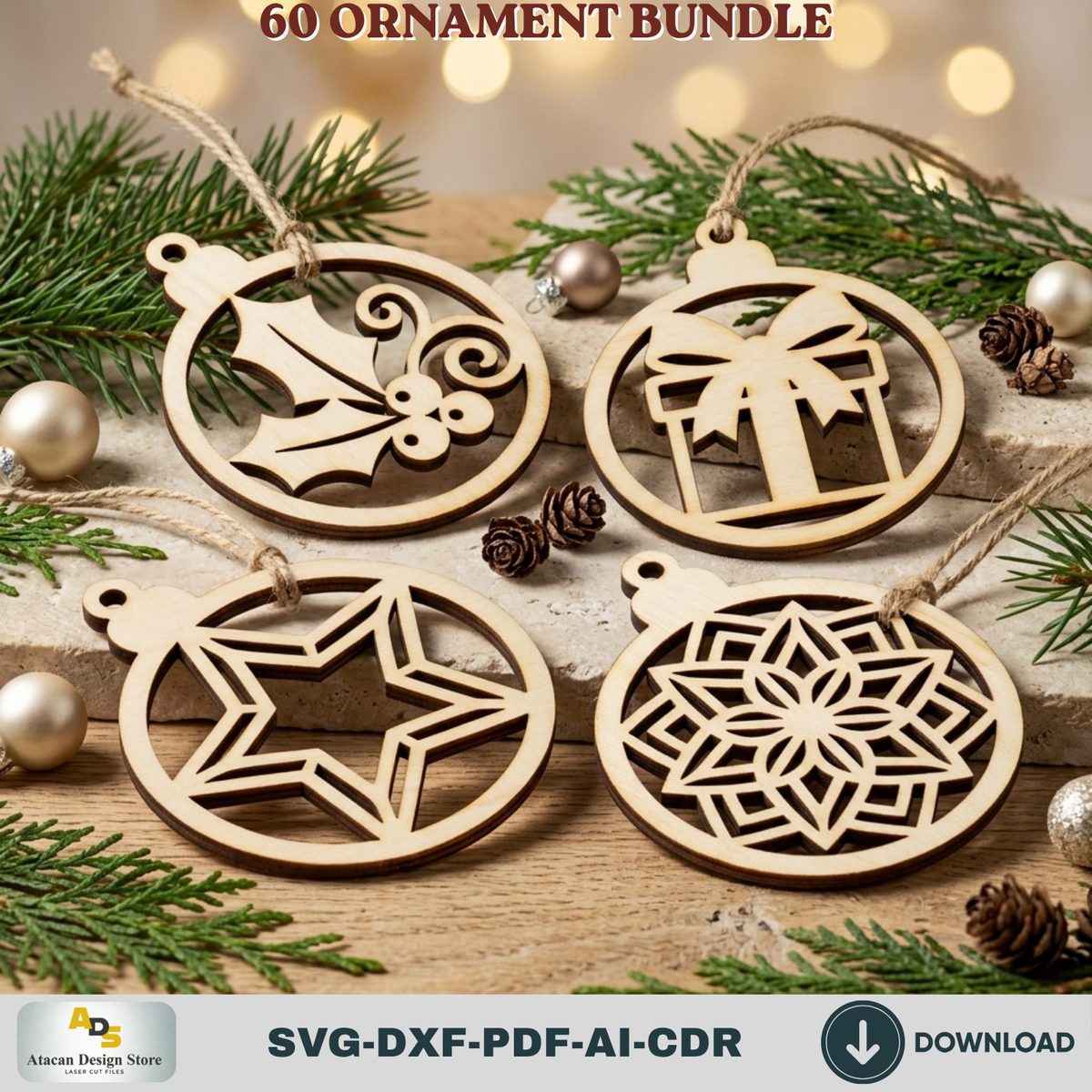 Laser Cut Christmas Ornament Bundle 60 Designs, Wooden Baubles and DIY Tree Decorations