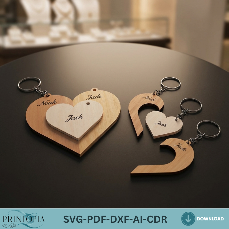 Family Puzzle Heart Keychain Laser Cut File Personalized Wooden Keychain Template Custom Anniversary Gift