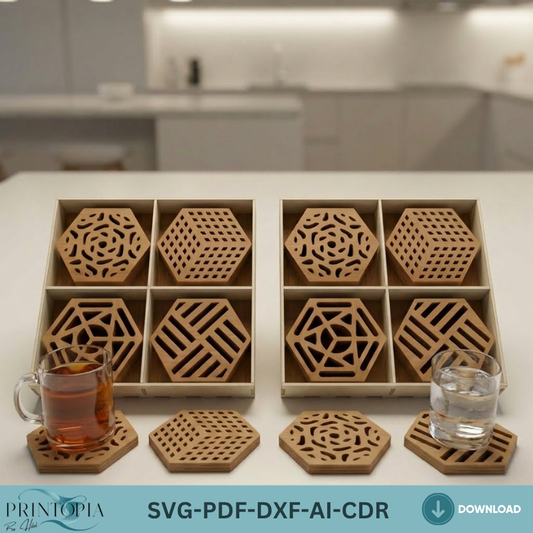 Laser Cut Coaster Bundle with Box for Glowforge xTool Geometric and Playing Card Suits Drink Coaster Designs