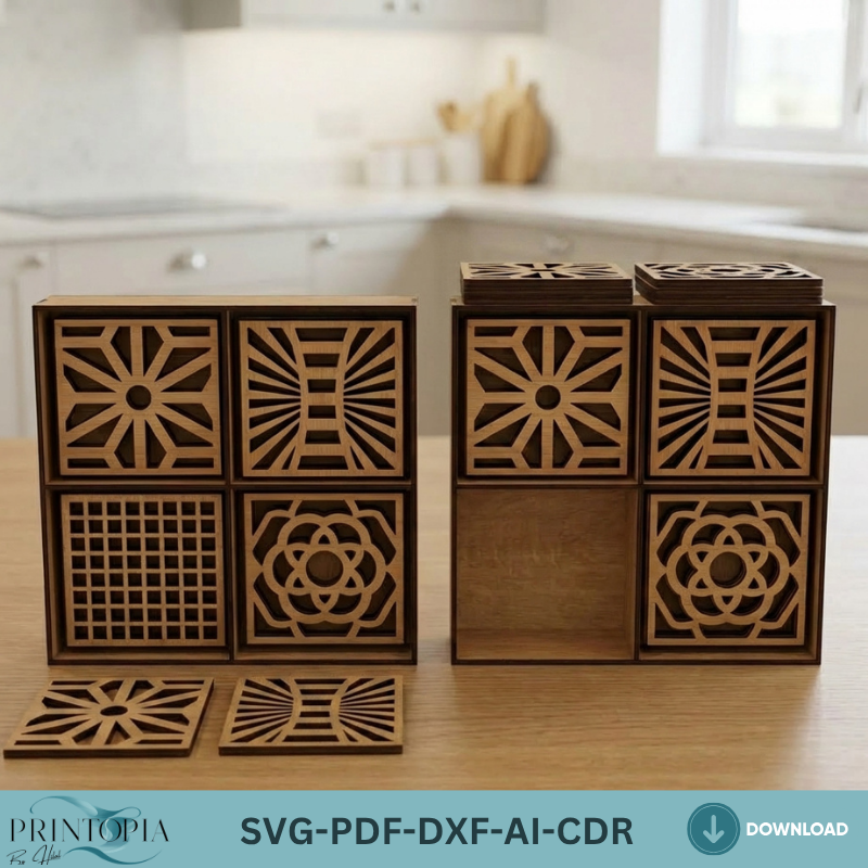 Laser Cut Coaster Bundle with Box for Glowforge xTool Geometric and Playing Card Suits Drink Coaster Designs