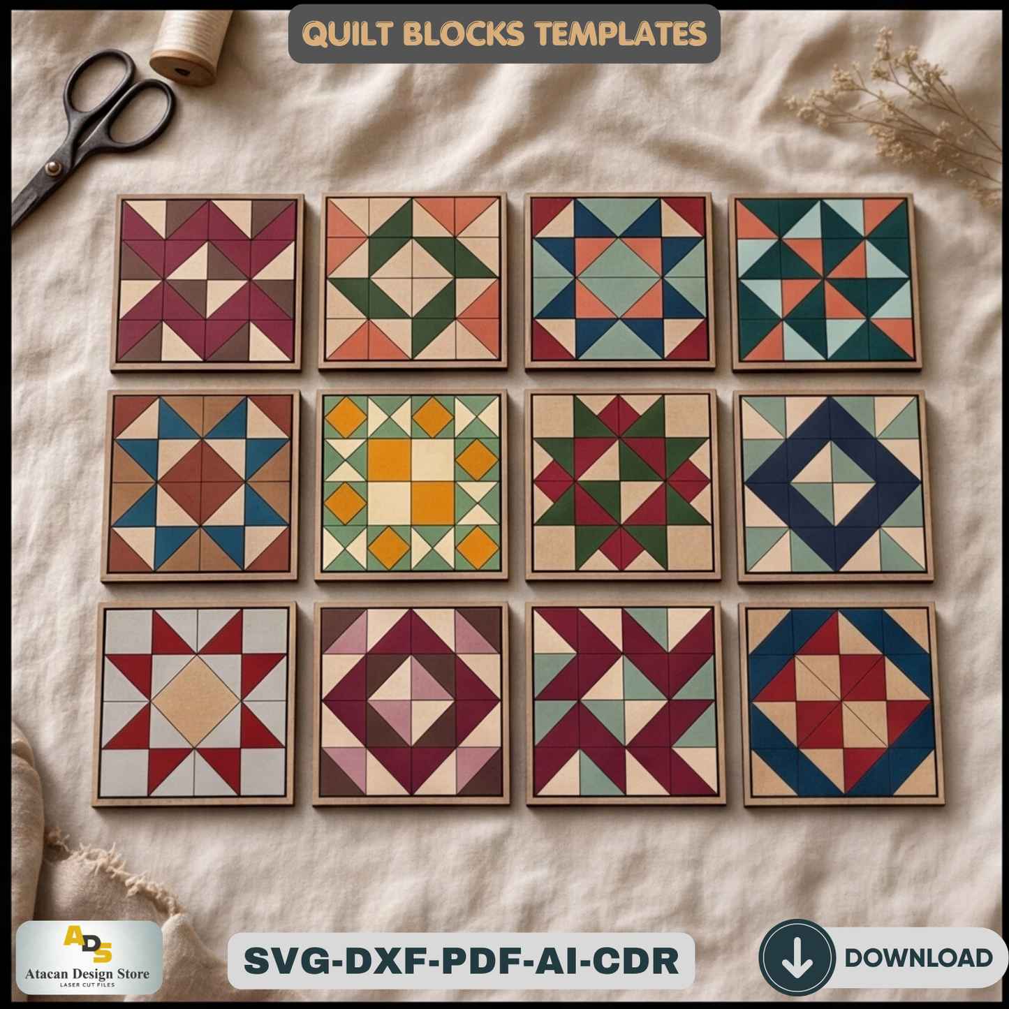 Barn Quilt Block Templates, Wooden Geometric Wall Art Pattern, Plywood Farmhouse Sign Making Plans,