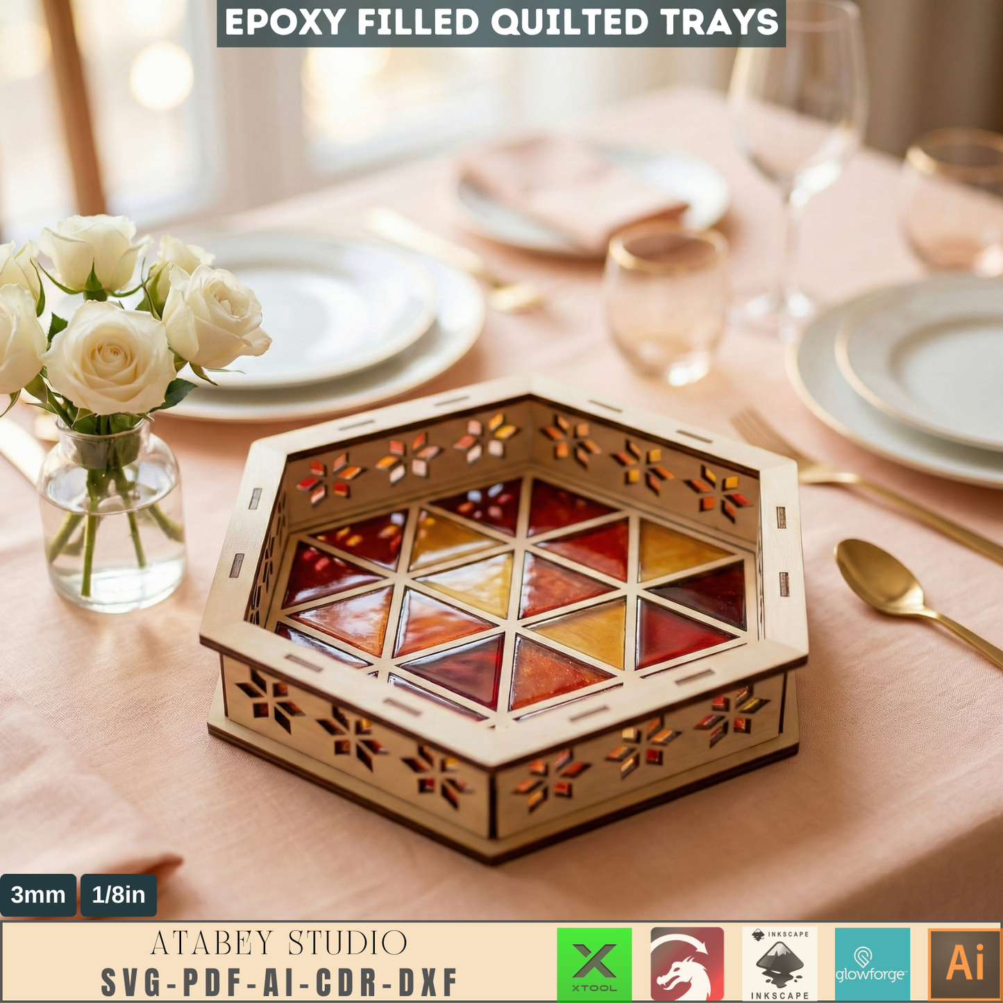 Tray Laser Cutting Templates, Epoxy Resin Filled Quilted Catchall Pattern, Hexagon Serving Dish Woodcraft Plan 991
