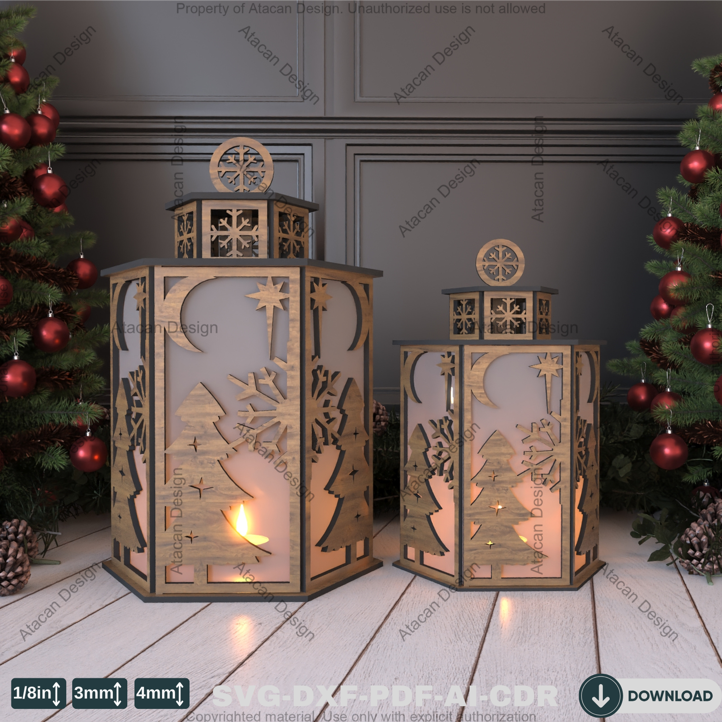 Christmas Night Light Pattern – DIY Laser Cut Candle Holder with Snowman & Tree Motifs 783