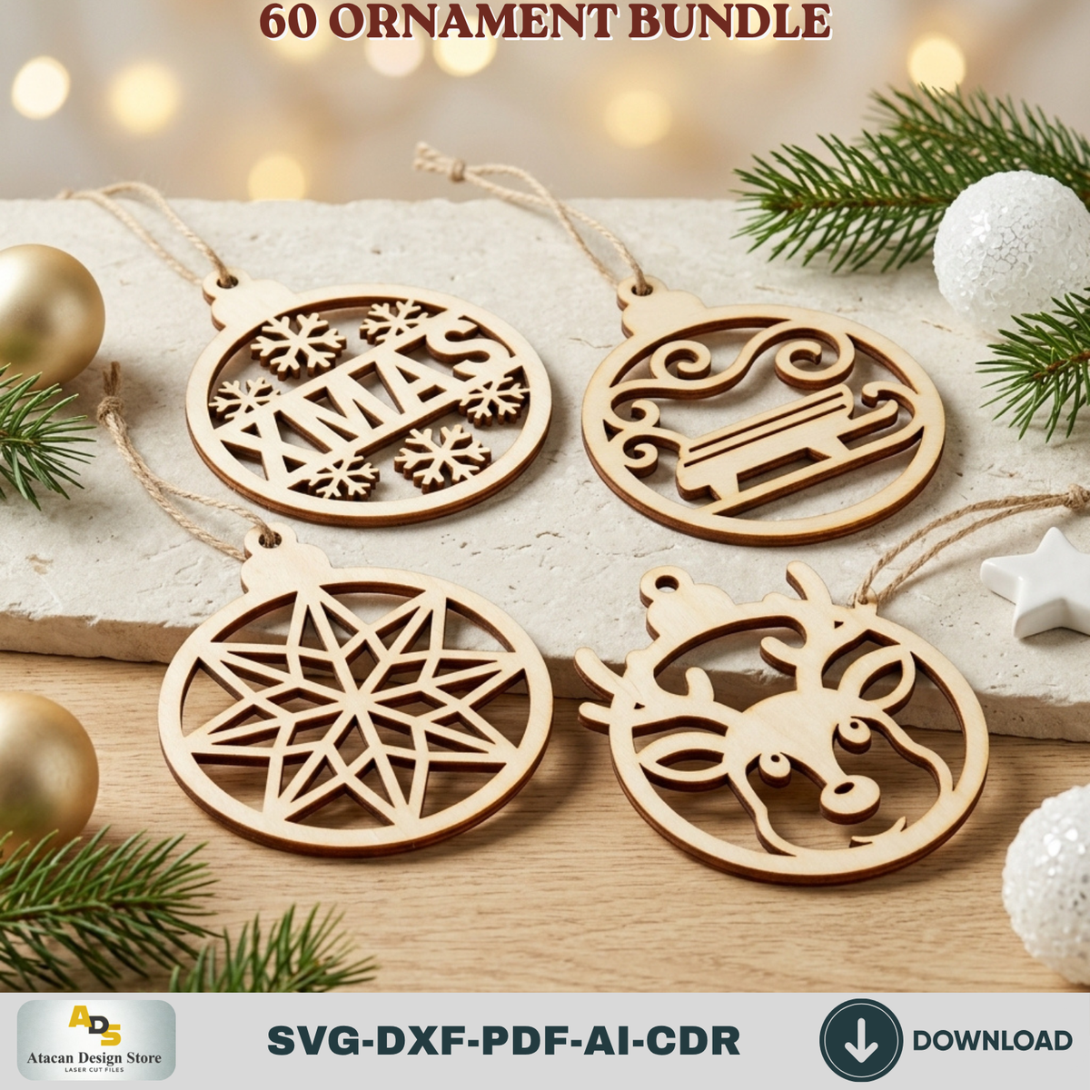 Laser Cut Christmas Ornament Bundle 60 Designs, Wooden Baubles and DIY Tree Decorations