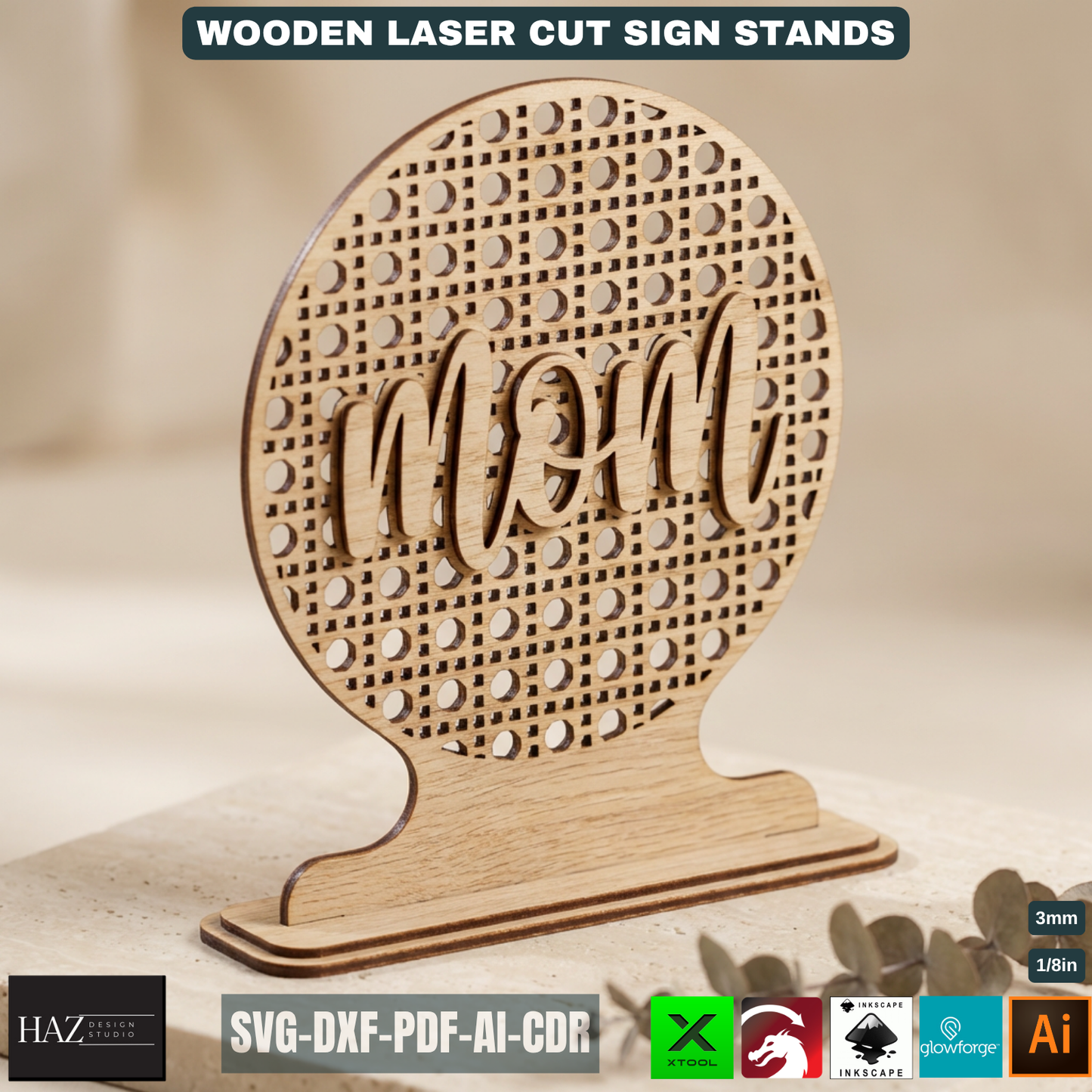 Rattan Pattern Wooden Sign Stands Laser Cut Files Custom Tabletop Decor Mothers Day Gift
