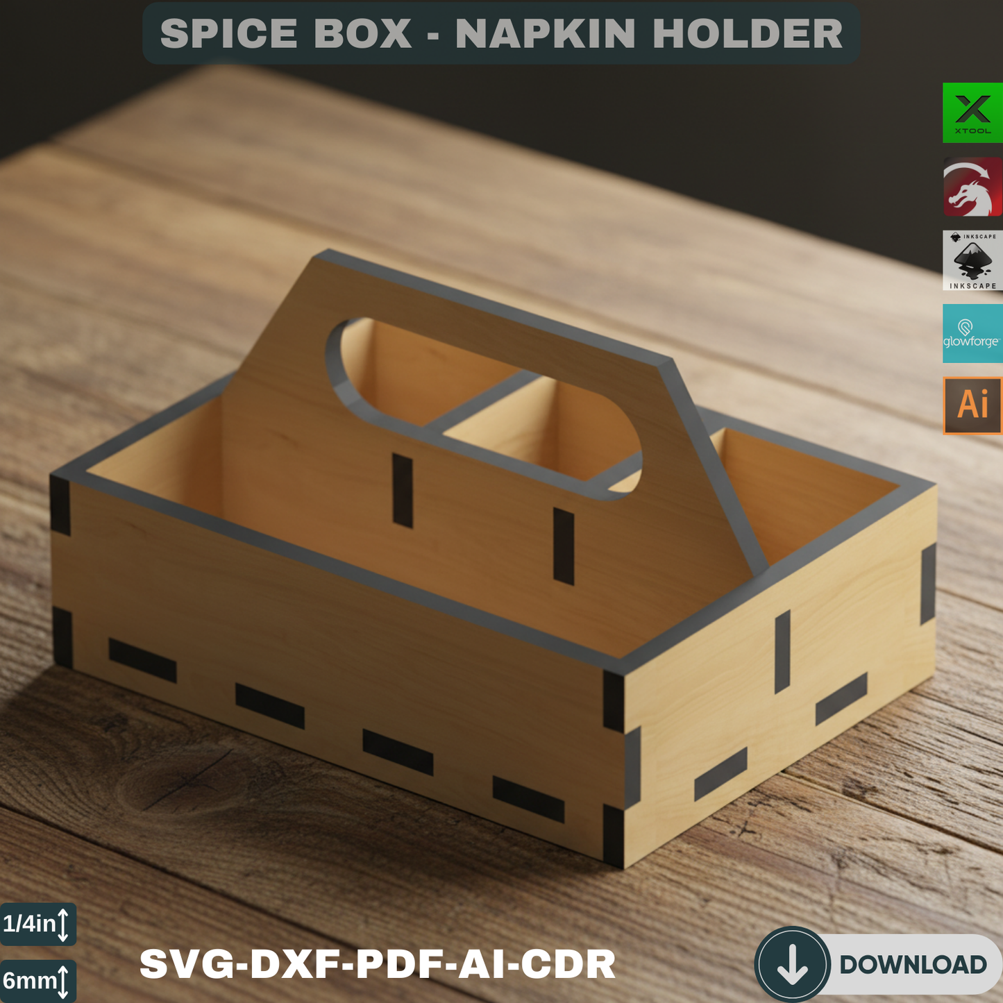 Laser Cut Spice Rack & Napkin Holder SVG, DXF  Kitchen Organizer, Tabletop Caddy for Xtool Glowforge Laser Machines