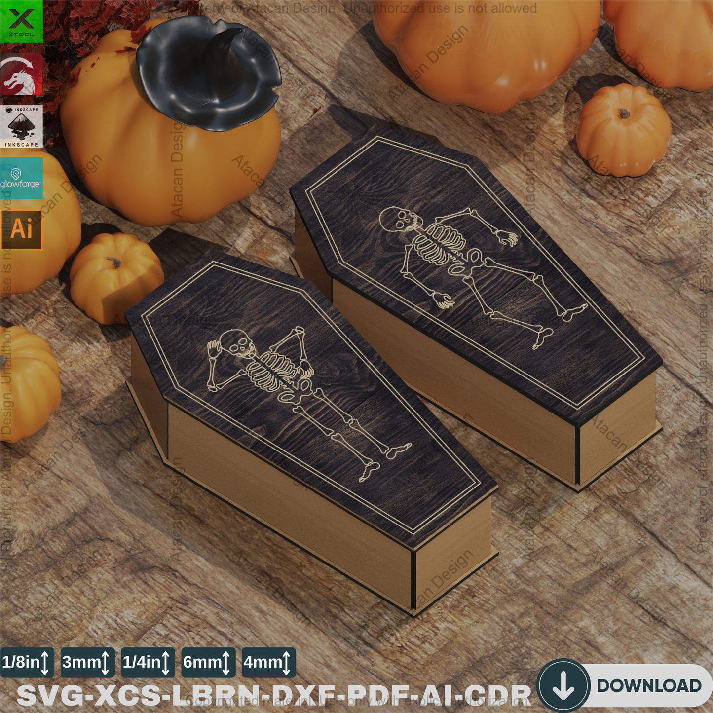 Spooky Halloween Coffin SVG | Laser Cut Templates for Gift Boxes,Laser Cut 3D Coffin Box Templates | DIY Halloween Treat Box SVG 843