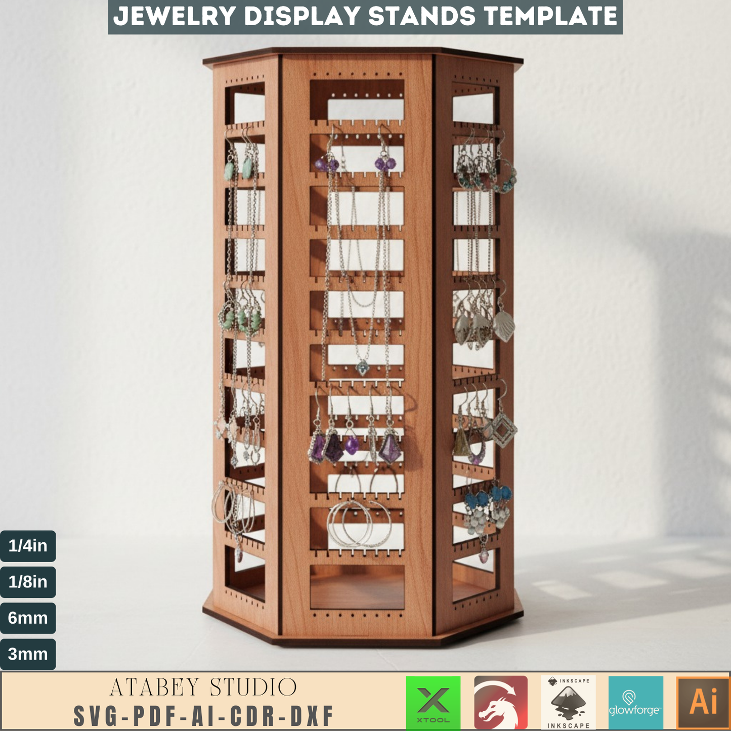 Laser Cut Jewelry Display Stand SVG, Earring Holder DXF, Necklace Organizer AI, Glowforge Ready Wooden Retail Display Template 738