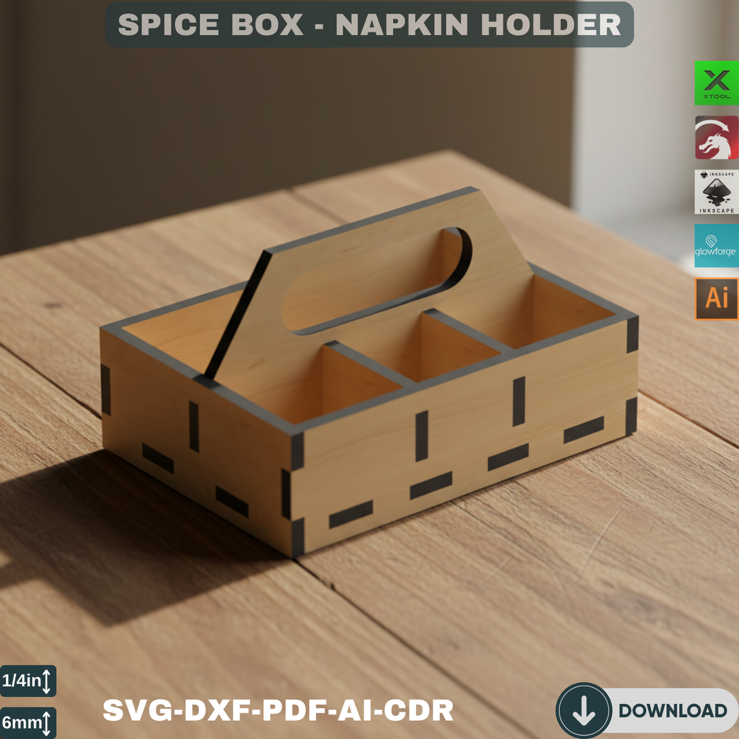 Laser Cut Spice Rack & Napkin Holder SVG, DXF  Kitchen Organizer, Tabletop Caddy for Xtool Glowforge Laser Machines