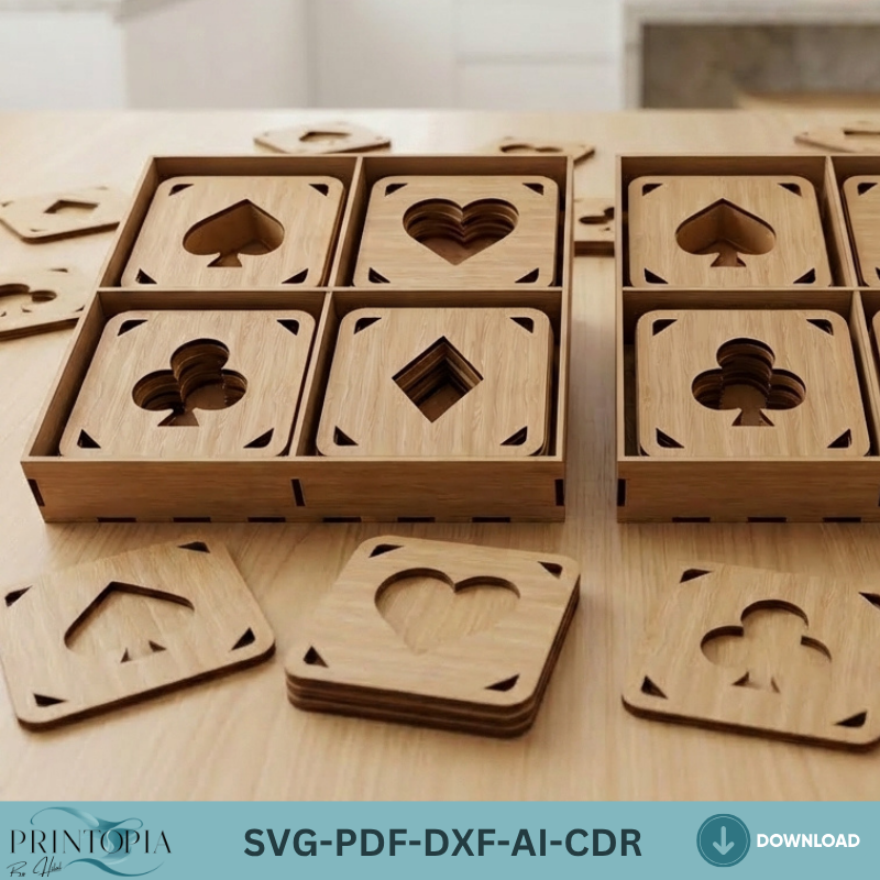 Laser Cut Coaster Bundle with Box for Glowforge xTool Geometric and Playing Card Suits Drink Coaster Designs