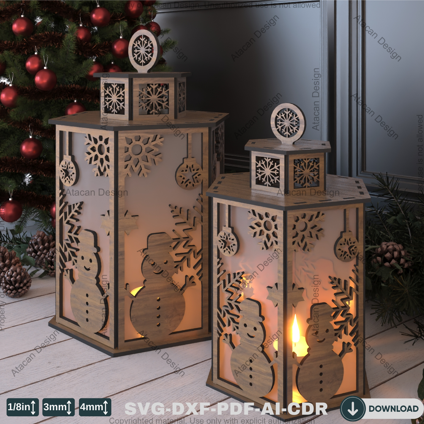 Christmas Night Light Pattern – DIY Laser Cut Candle Holder with Snowman & Tree Motifs 783