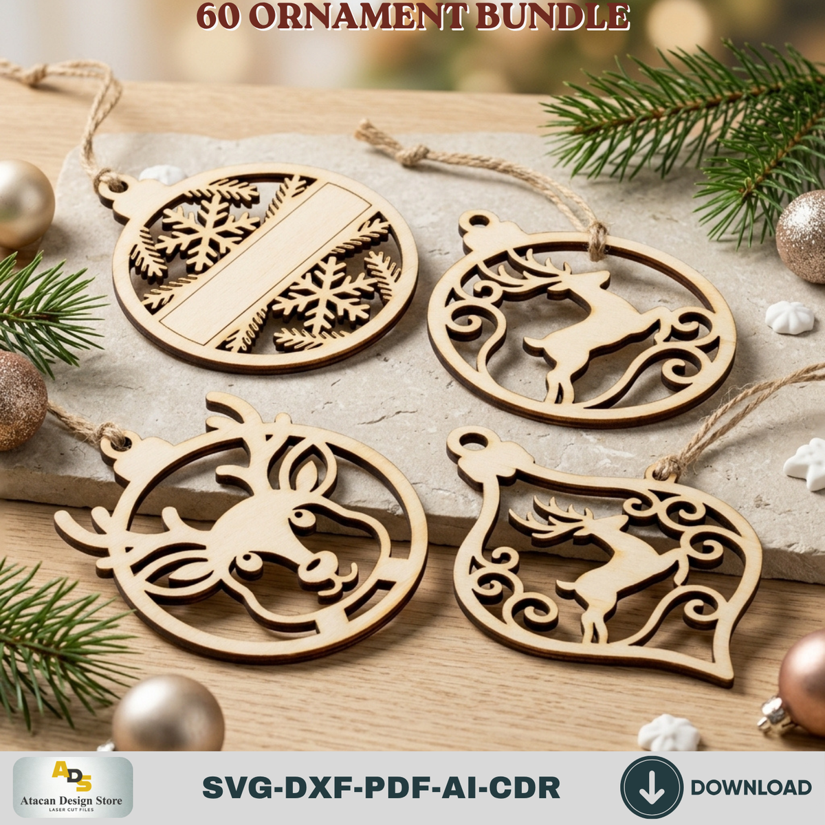 Laser Cut Christmas Ornament Bundle 60 Designs, Wooden Baubles and DIY Tree Decorations