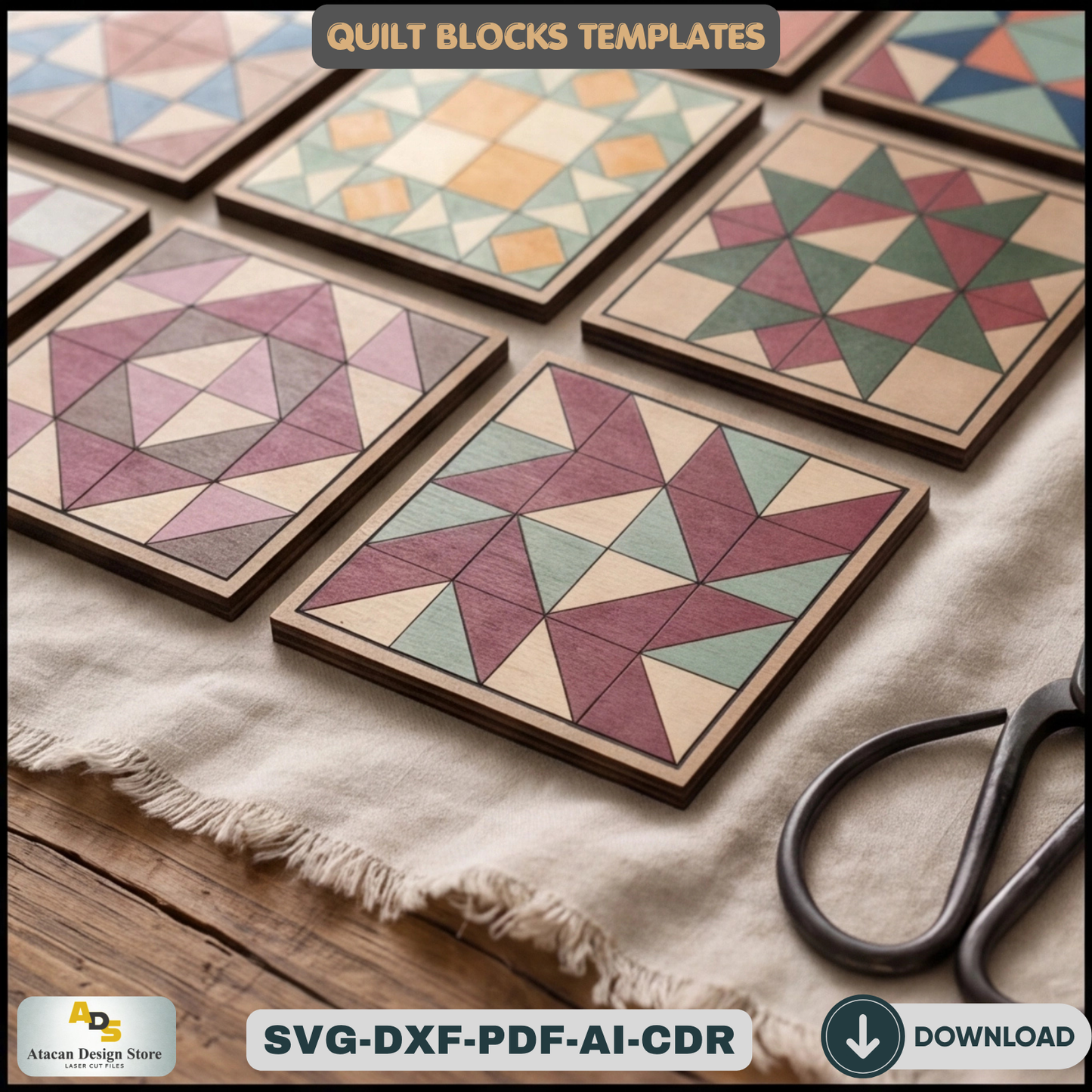 Barn Quilt Block Templates, Wooden Geometric Wall Art Pattern, Plywood Farmhouse Sign Making Plans,