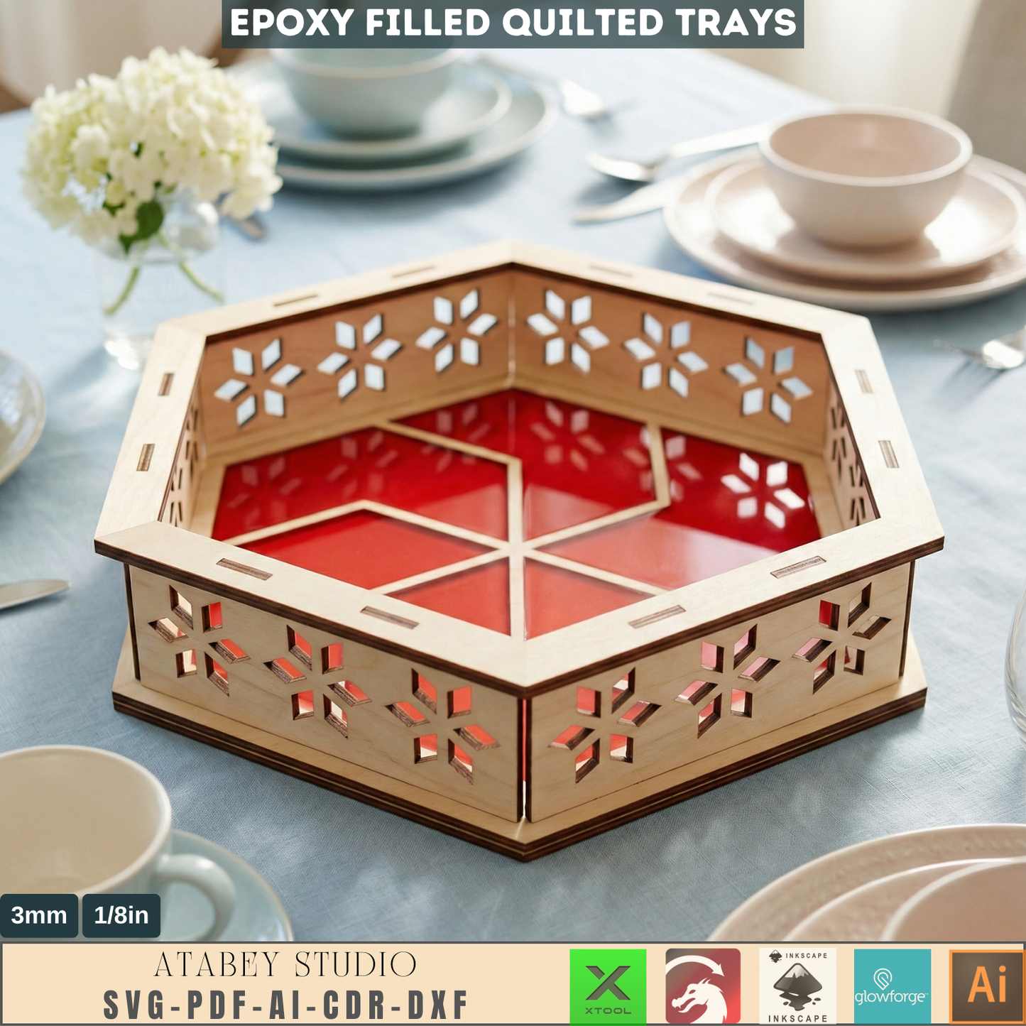 Tray Laser Cutting Templates, Epoxy Resin Filled Quilted Catchall Pattern, Hexagon Serving Dish Woodcraft Plan 991