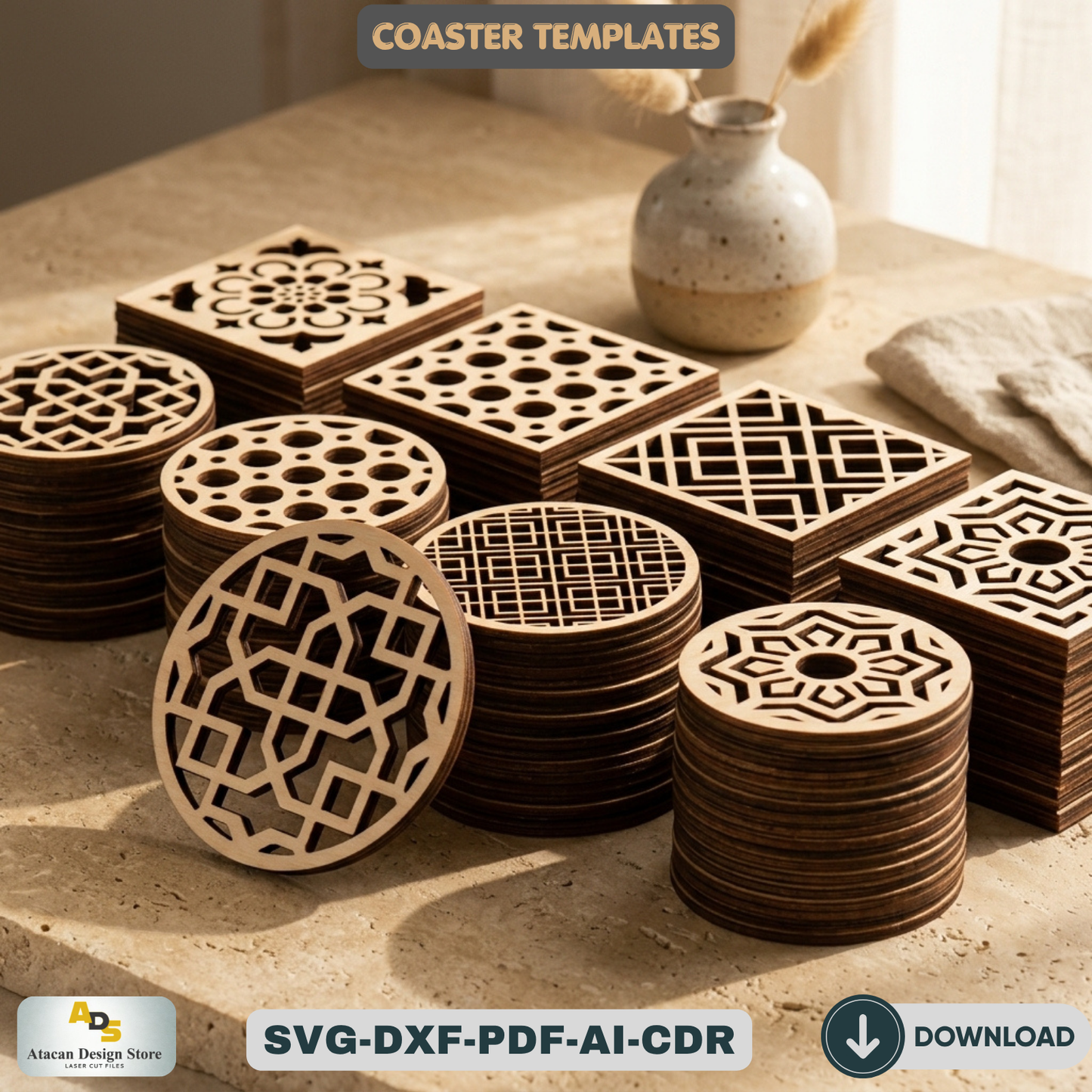 Wood Coaster Design Set / Glowforge Ready / Laser cut Svg Dxf files / Trivet Grill Cutting files 172
